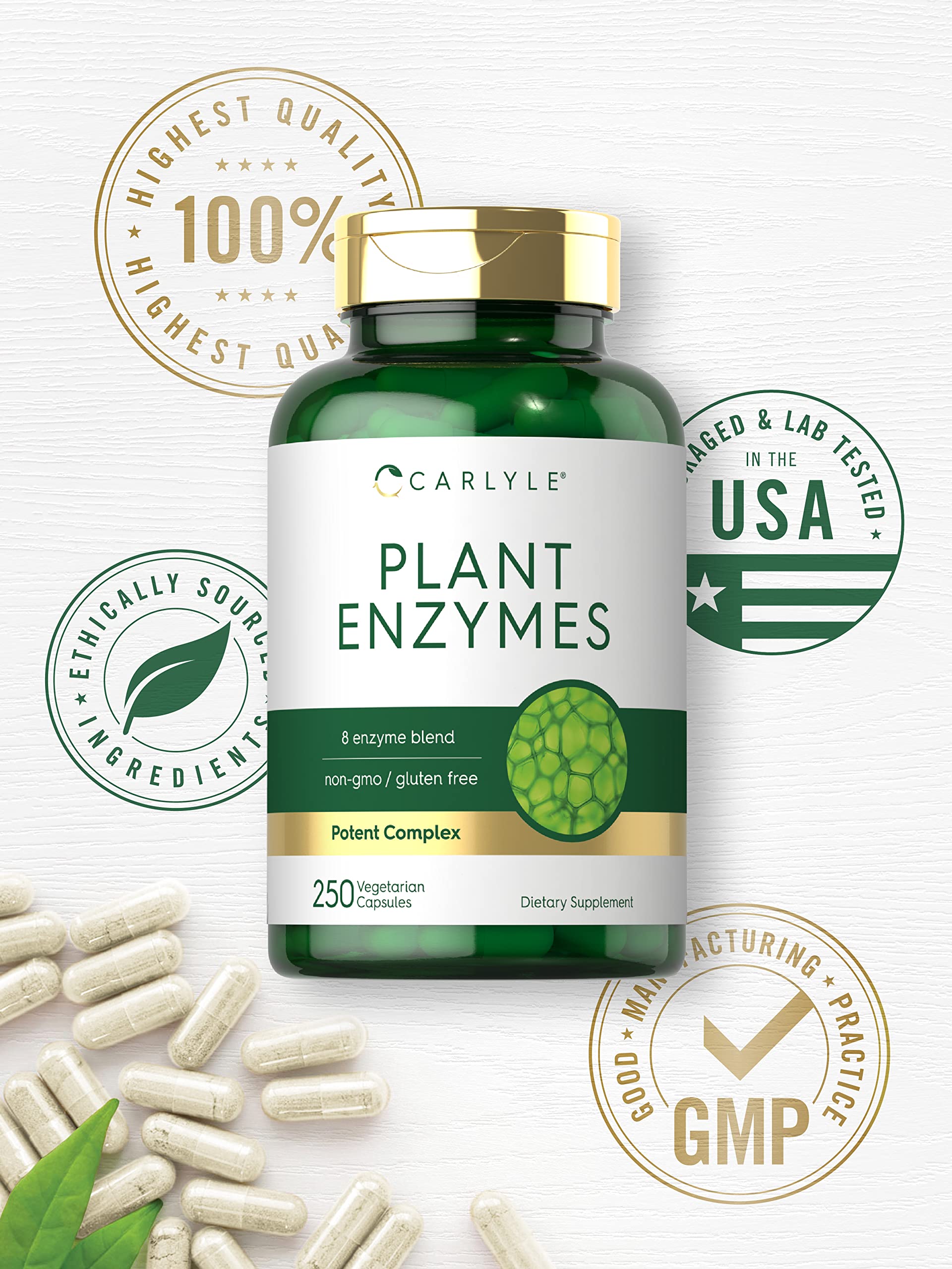 Carlyle Plant Enzymes ingredients graphic illustrating an 8-enzyme blend