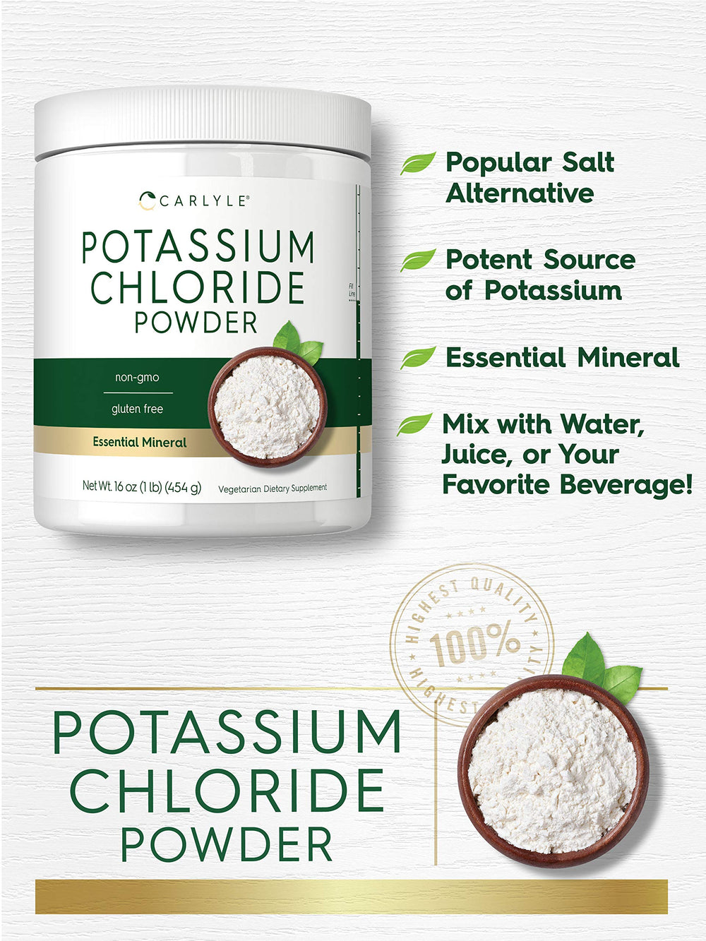 Carlyle Potassium Chloride Powder label shows vegan and gluten-free credentials