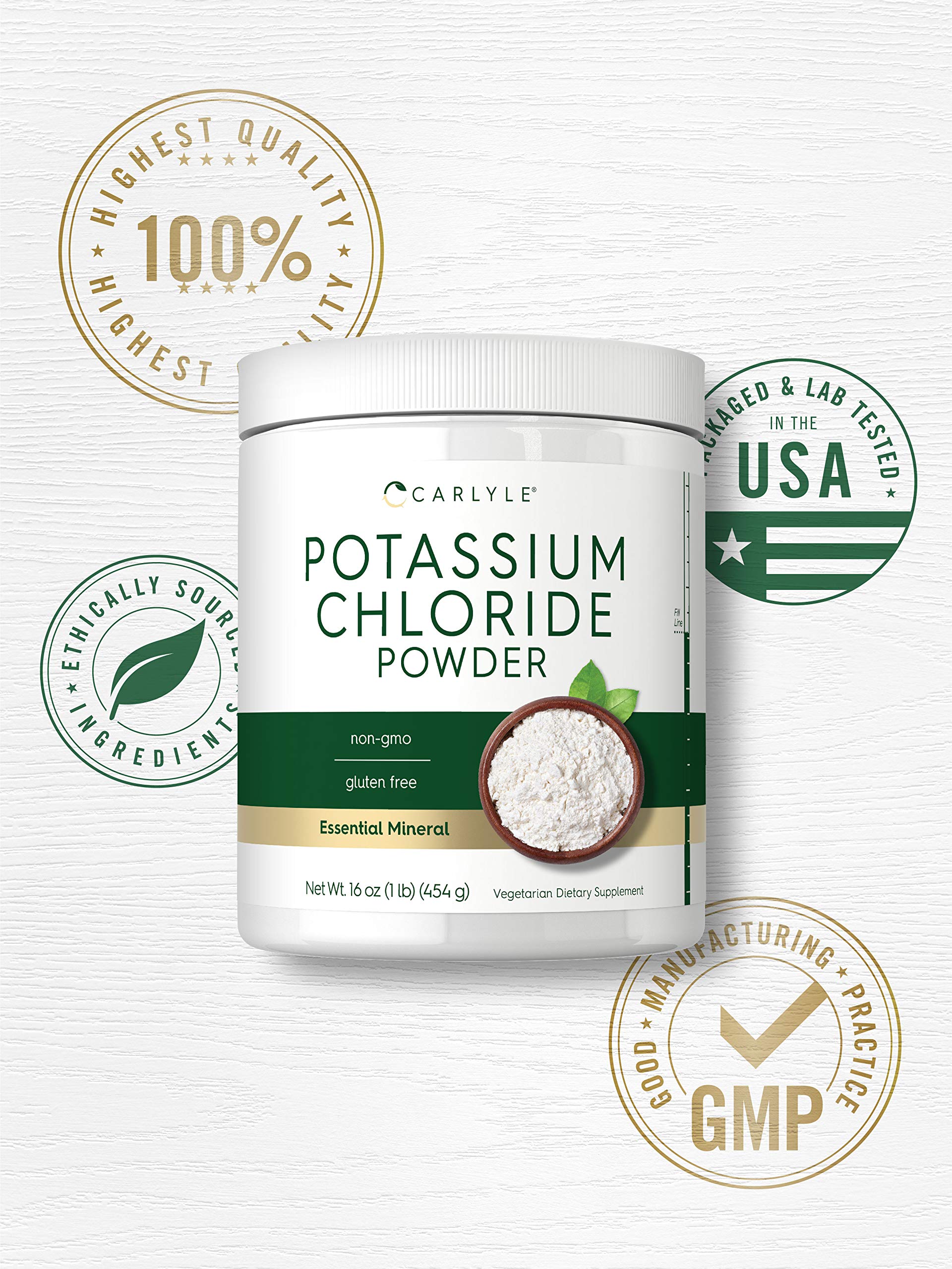 Carlyle Potassium Chloride Powder shows vegan symbol for plant-based option