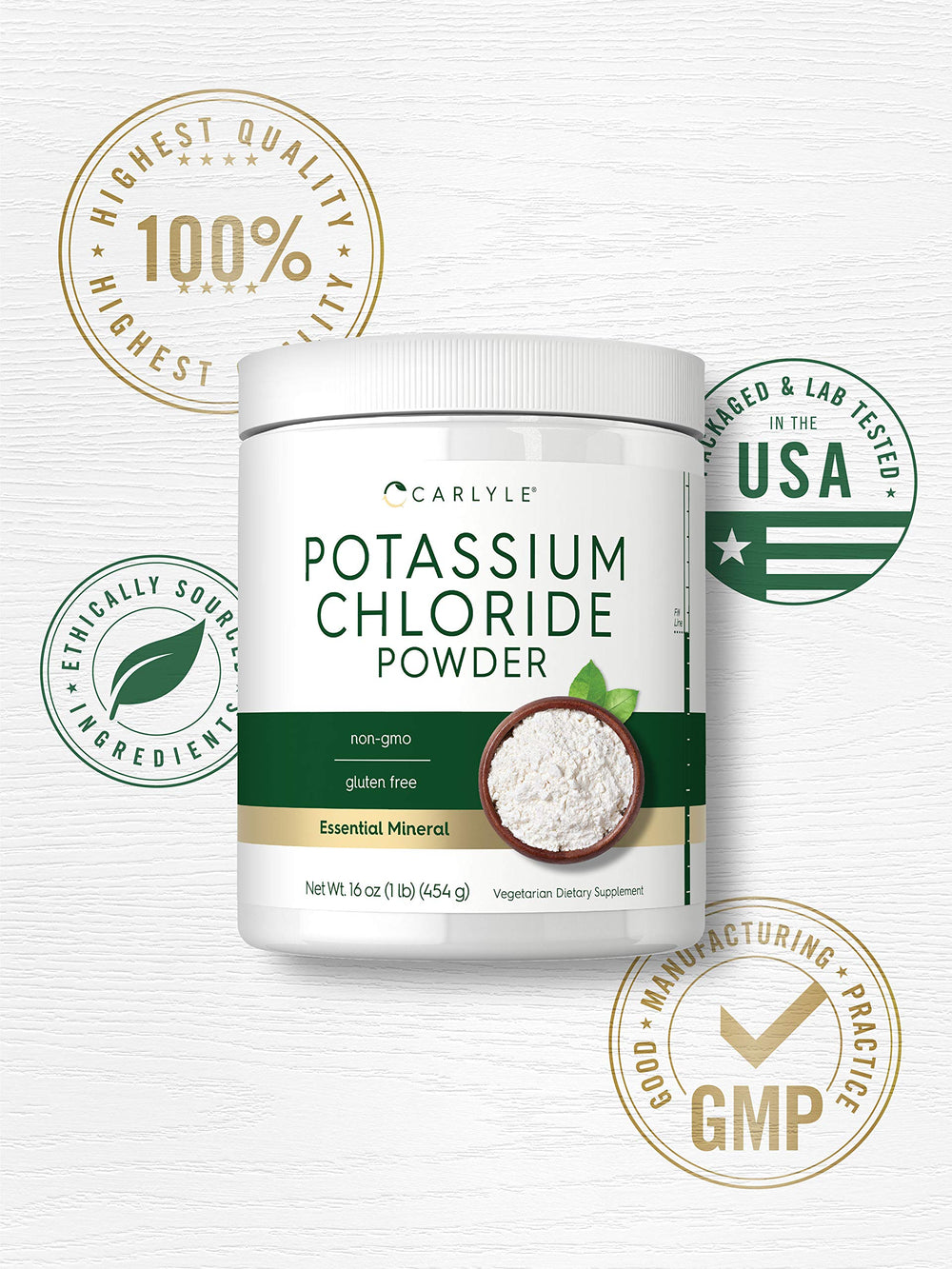 Carlyle Potassium Chloride Powder shows vegan symbol for plant-based option
