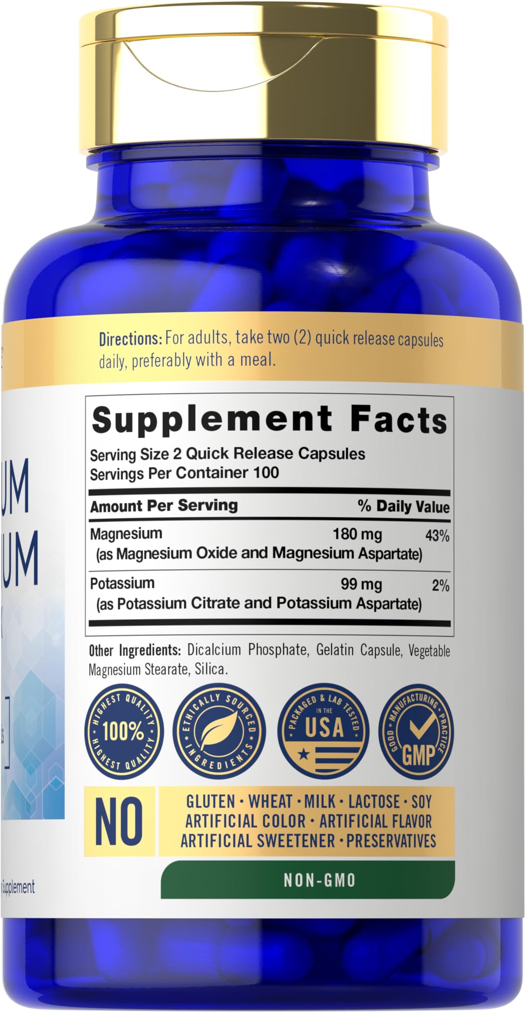 Carlyle Potassium Magnesium label close-up showing per-serving minerals