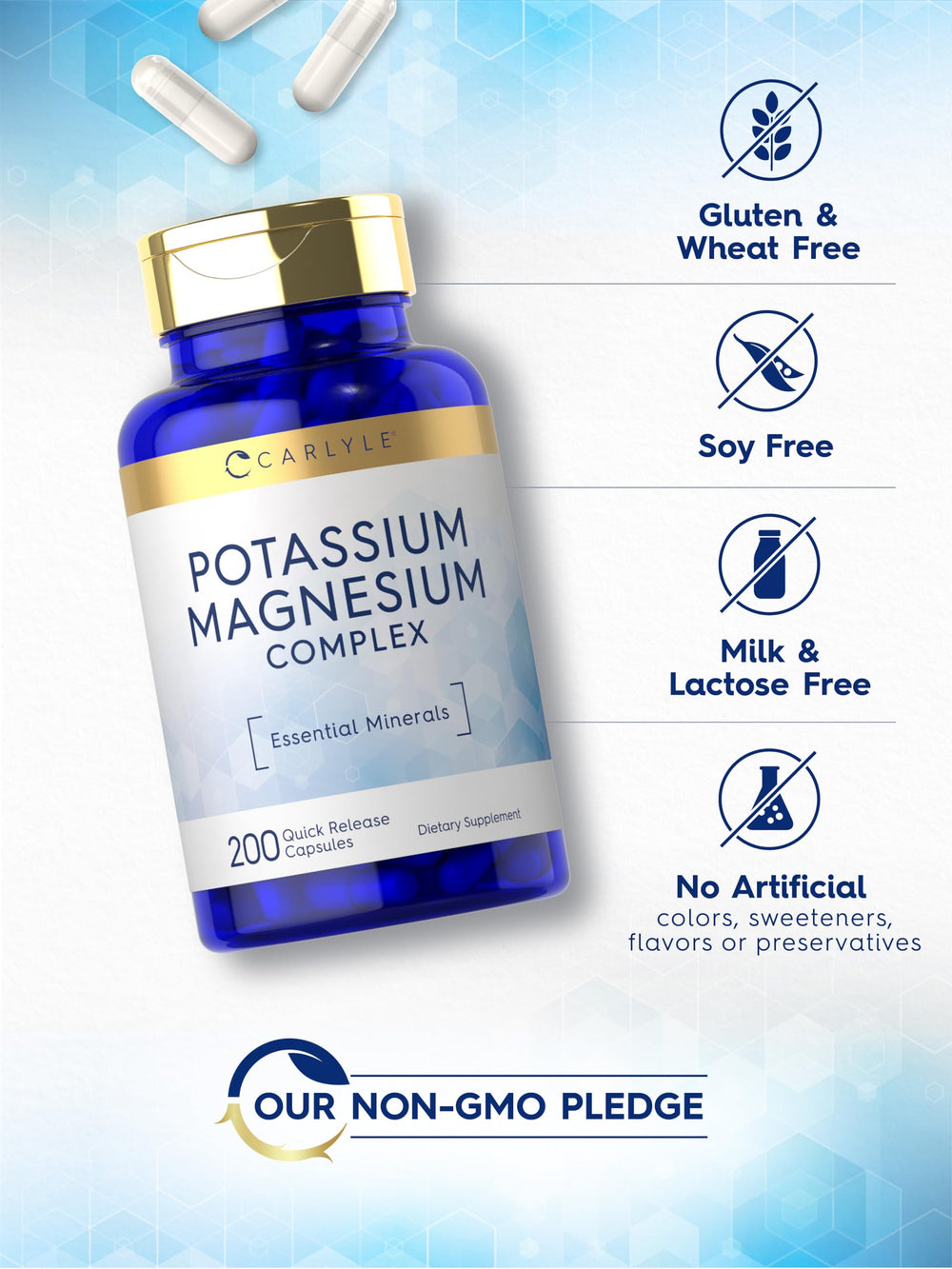 Carlyle Potassium Magnesium free-of icons indicate gluten and dairy-free
