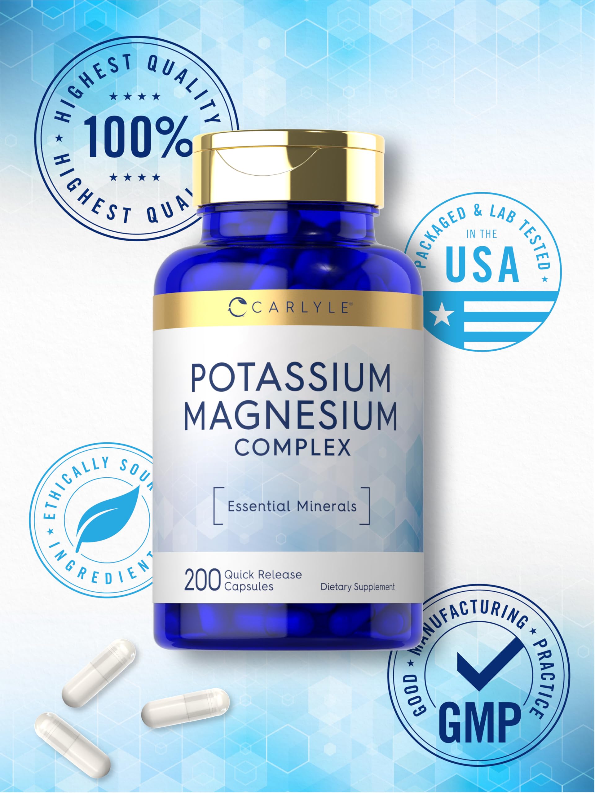 Carlyle Potassium Magnesium lab testing seal on bottle