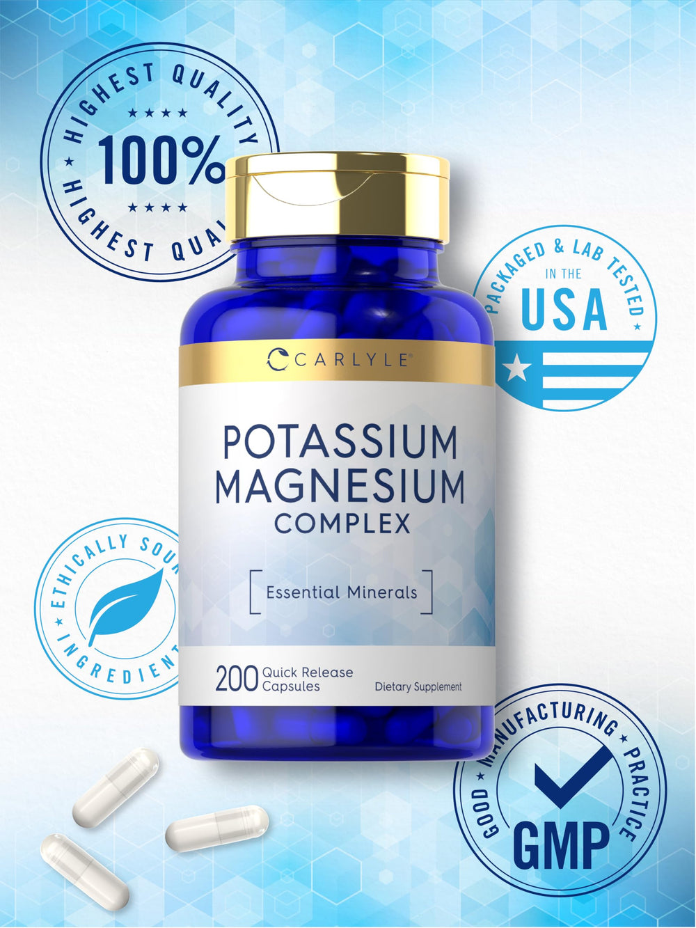 Carlyle Potassium Magnesium lab testing seal on bottle