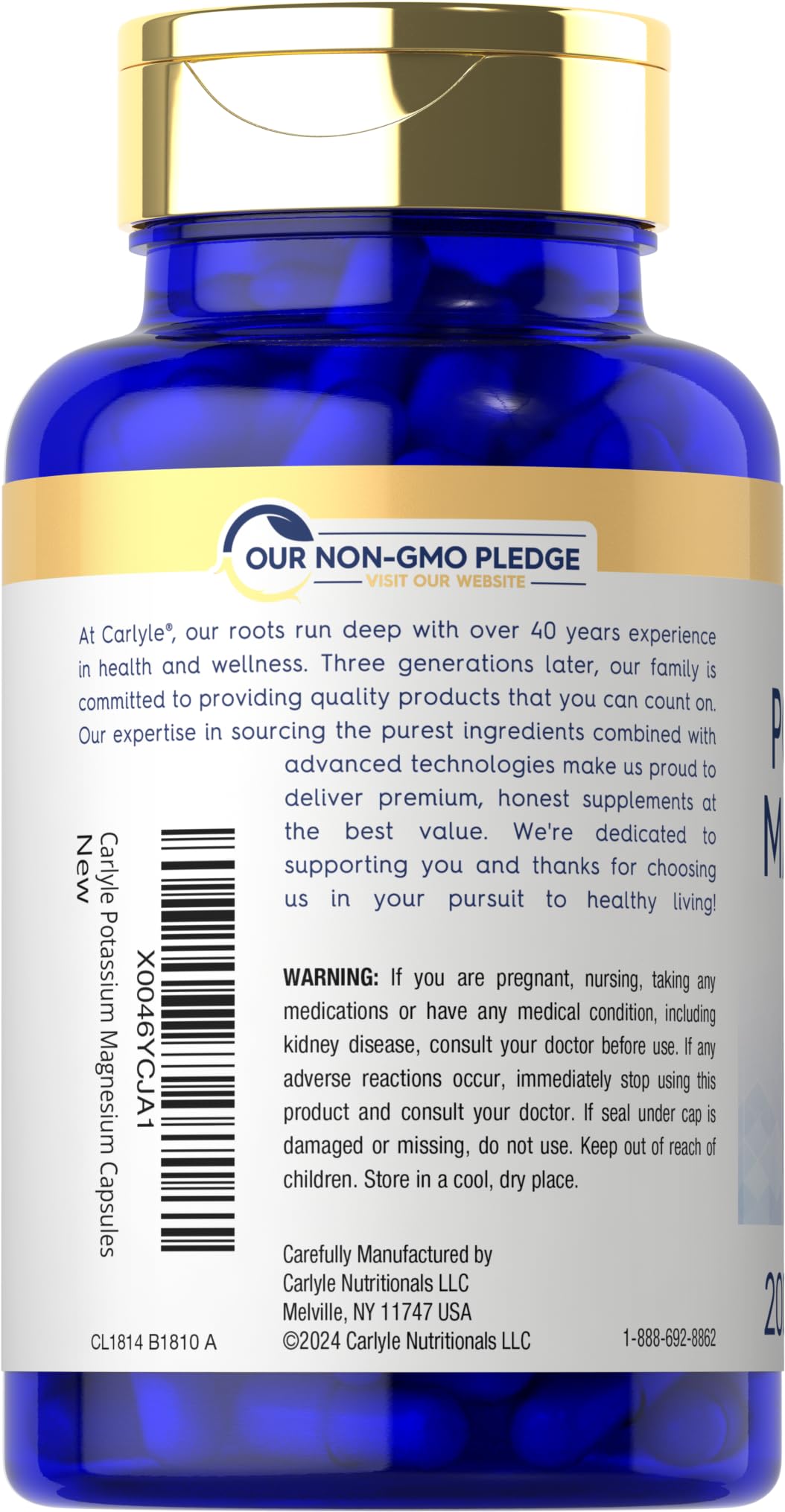 Carlyle Potassium Magnesium serving panel detailing per-serving minerals