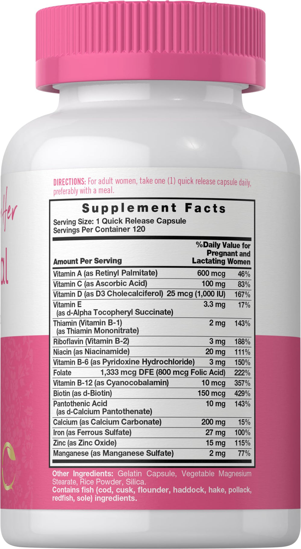 Carlyle Prenatal: etiqueta frontal con vitaminas clave