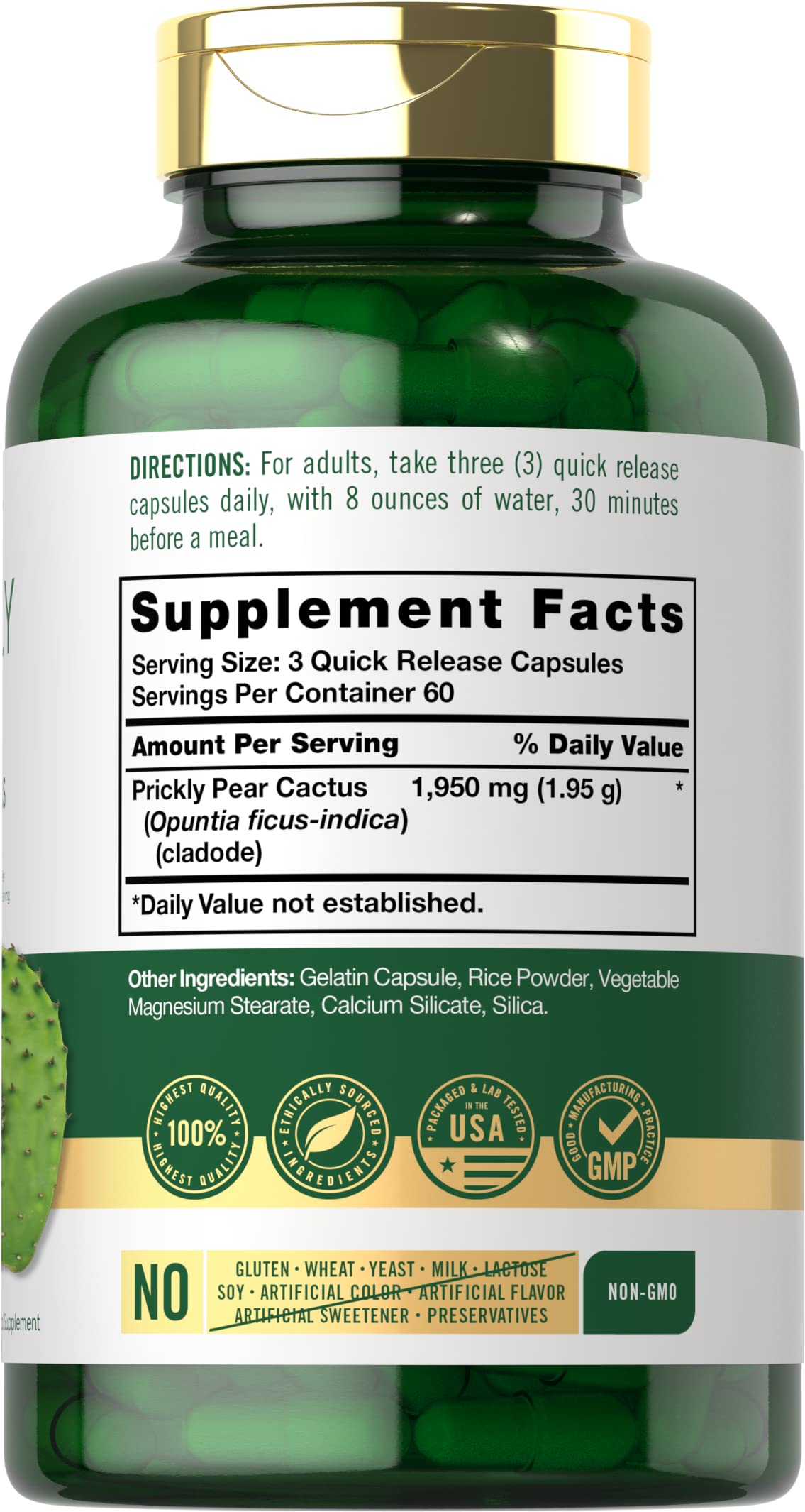Label close-up of Carlyle Prickly Pear 1950 mg bottle showing non-GMO, gluten-free capsule.