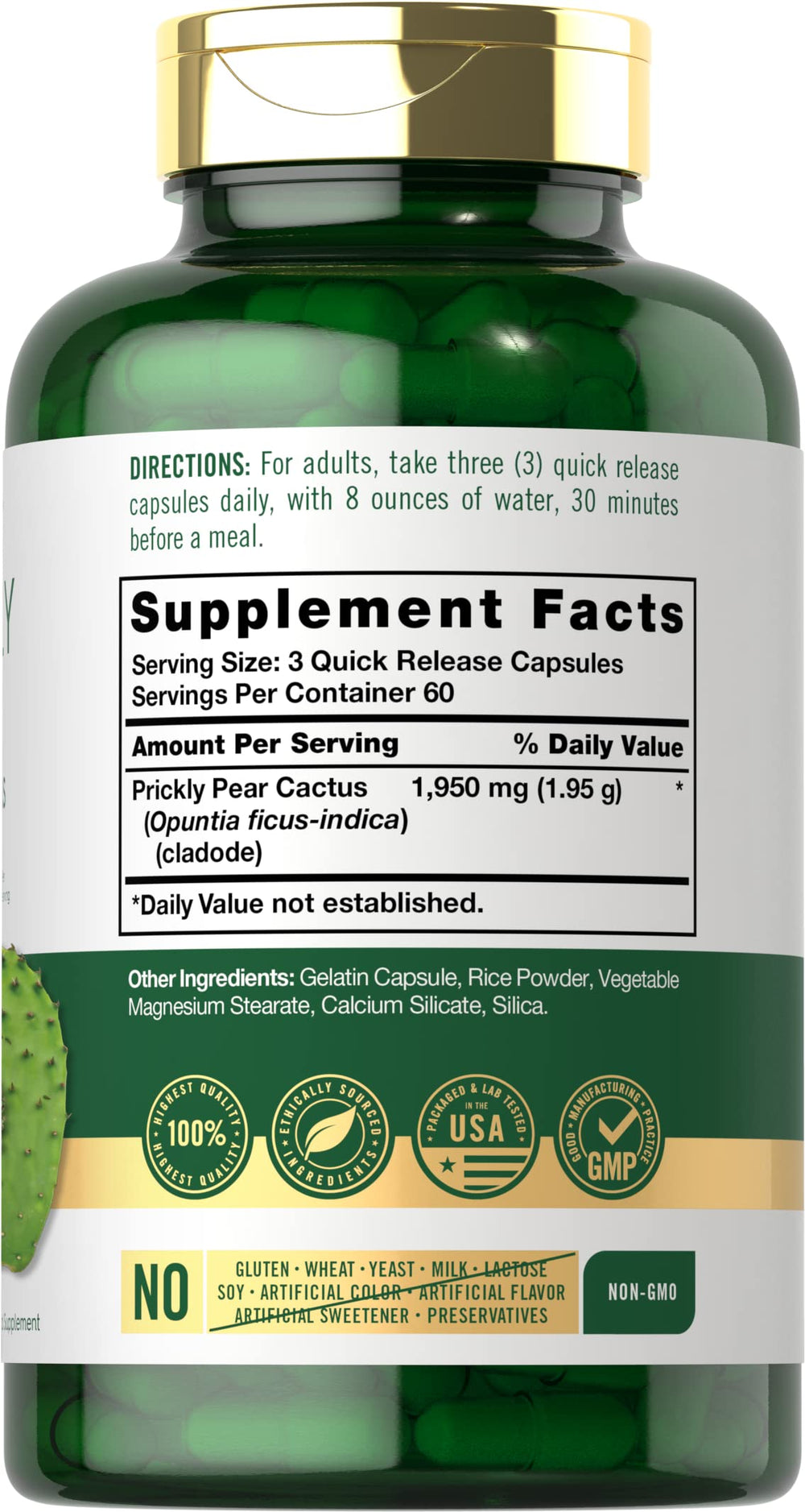 Label close-up of Carlyle Prickly Pear 1950 mg bottle showing non-GMO, gluten-free capsule.
