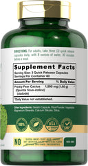 Label close-up of Carlyle Prickly Pear 1950 mg bottle showing non-GMO, gluten-free capsule.