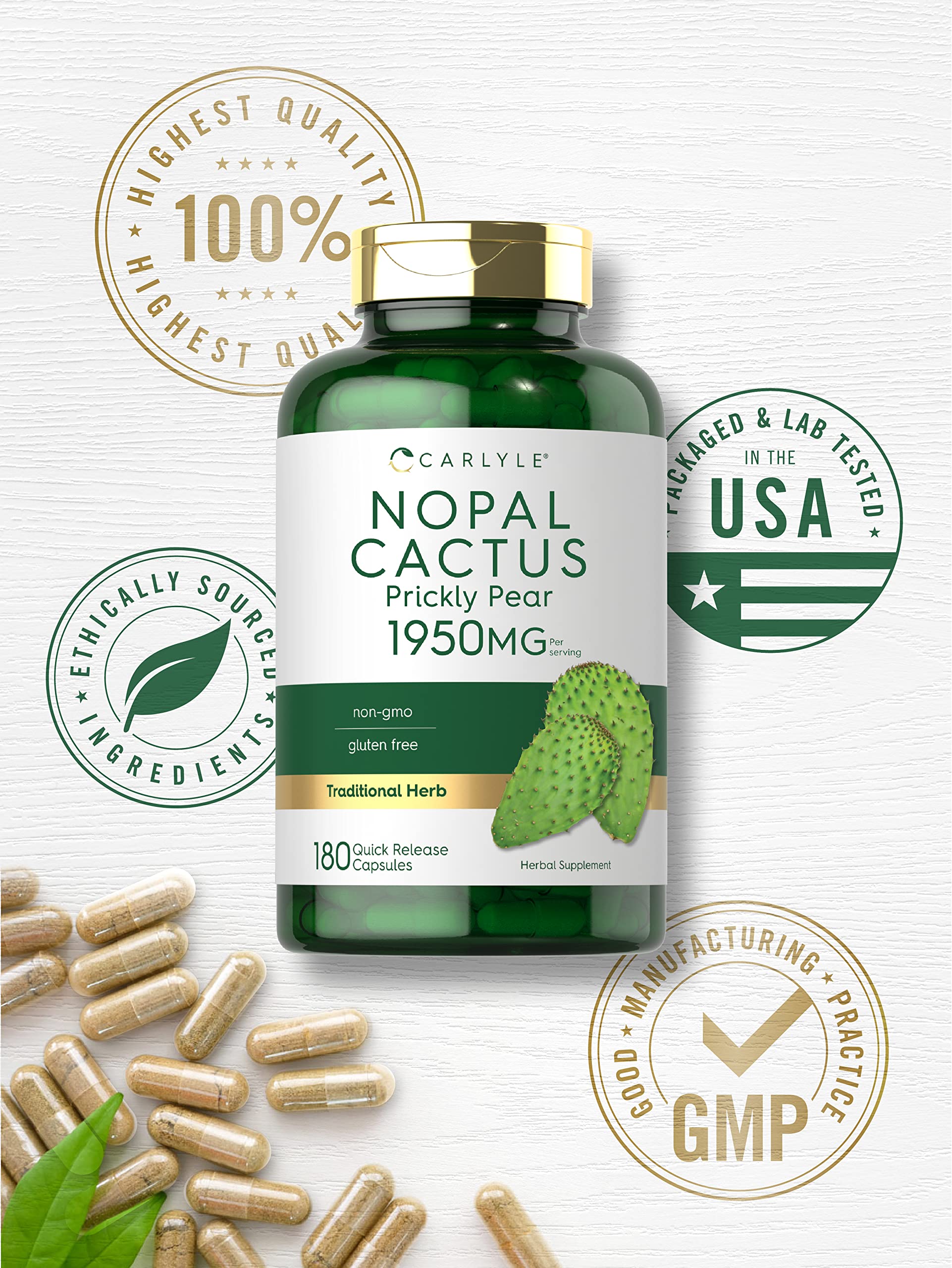 Carlyle Prickly Pear capsules bottle on desk for gluten-free daily use.