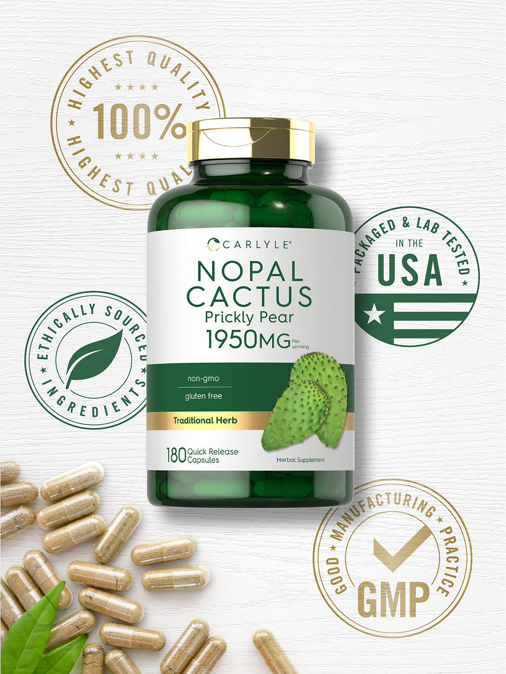 Carlyle Prickly Pear capsules bottle on desk for gluten-free daily use.