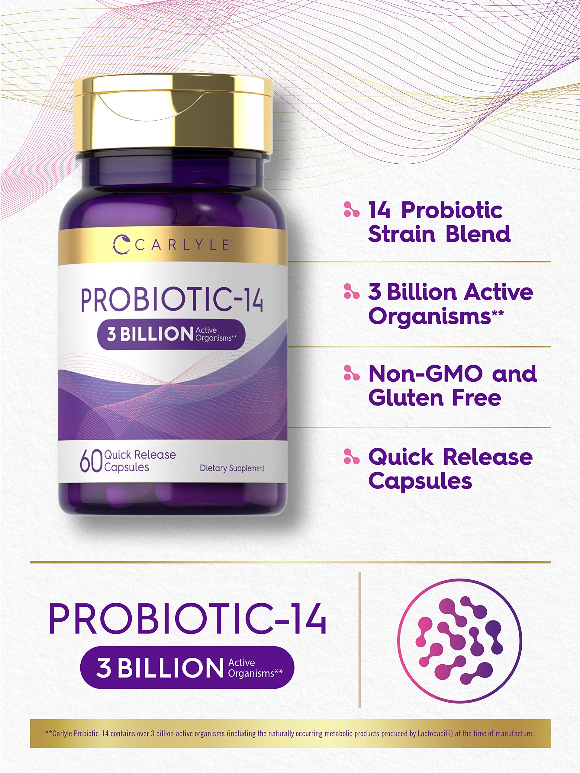 Carlyle probiotic gluten-free non-GMO label highlights clean formulation.