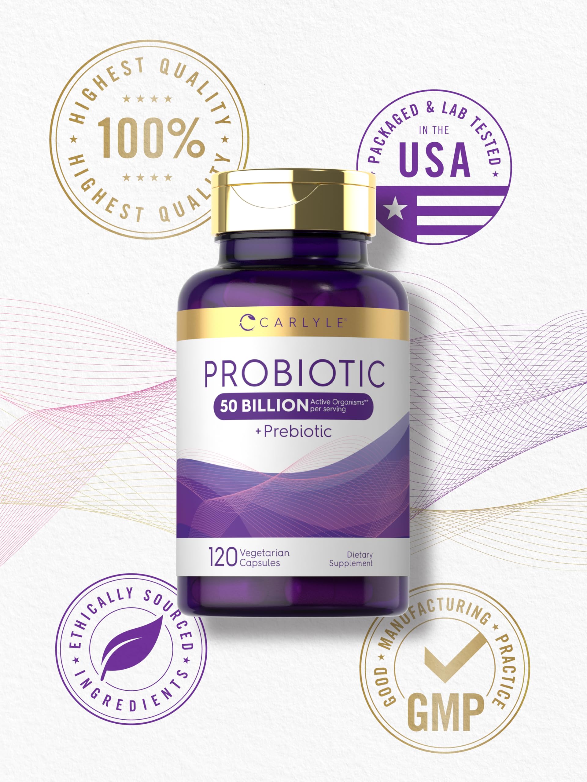 Carlyle probiotic on a kitchen counter with healthy foods