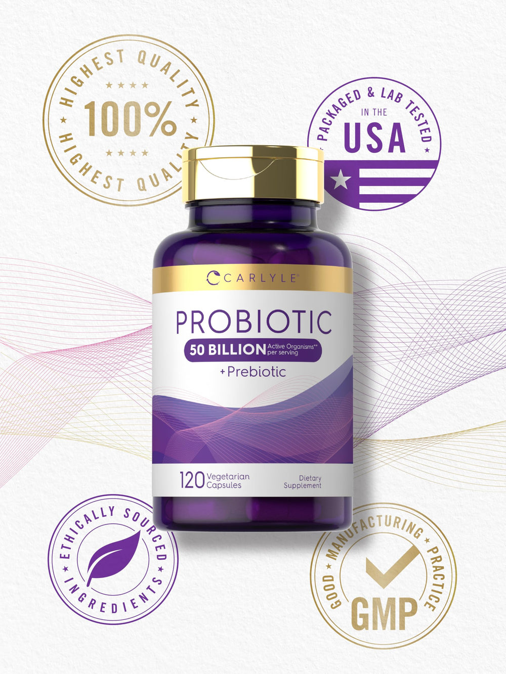 Carlyle probiotic on a kitchen counter with healthy foods