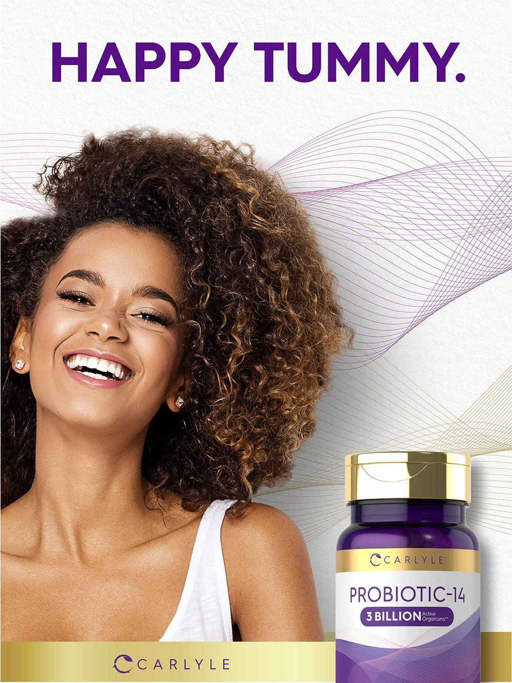 Carlyle probiotic label closeup reveals ingredients and manufacturing standards.