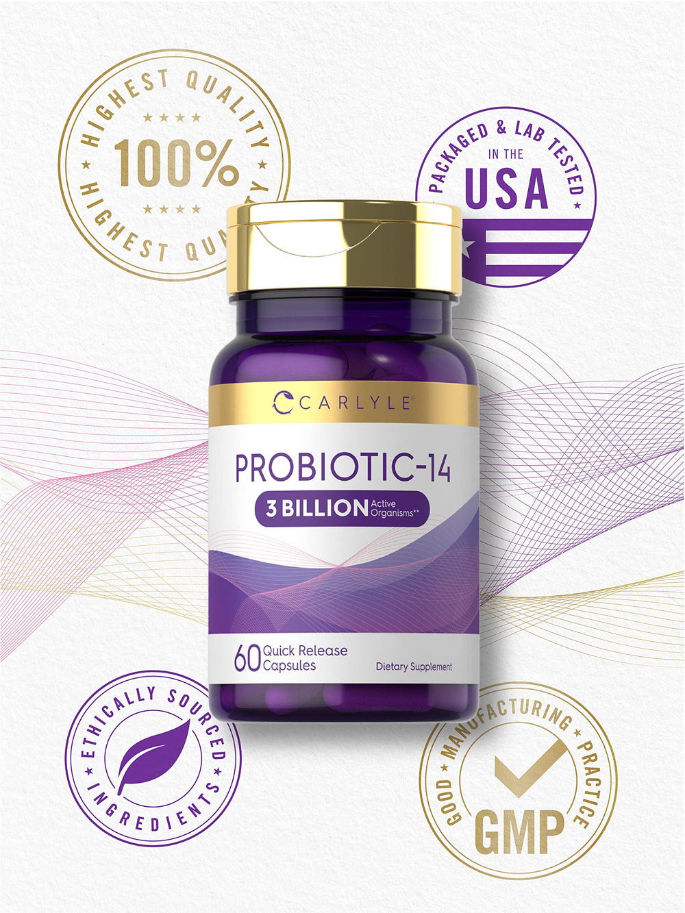Carlyle probiotic packaging box showcases premium quality and testing.