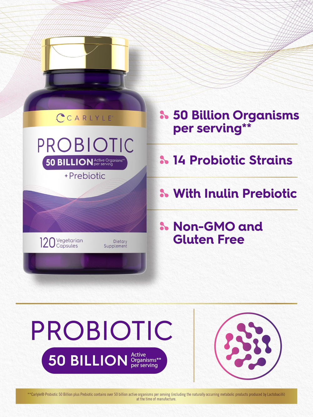 Carlyle probiotic packaging highlights gluten-free and non-GMO