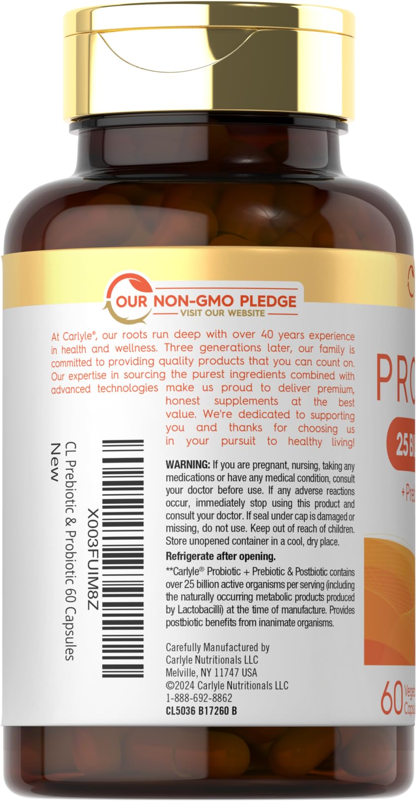 Close-up of the Carlyle label emphasizes the 25B CFU blend.