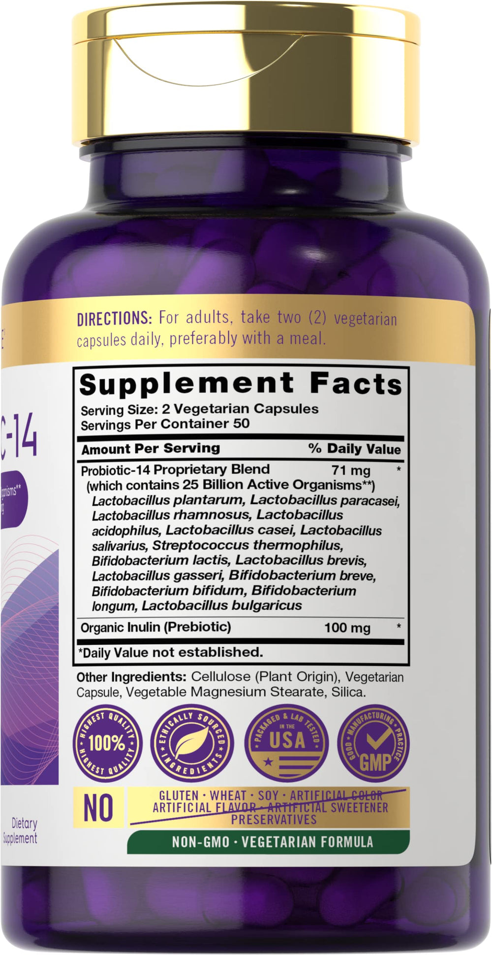 Carlyle Probiotics 25B CFU label close-up shows 14 strains for gut balance.