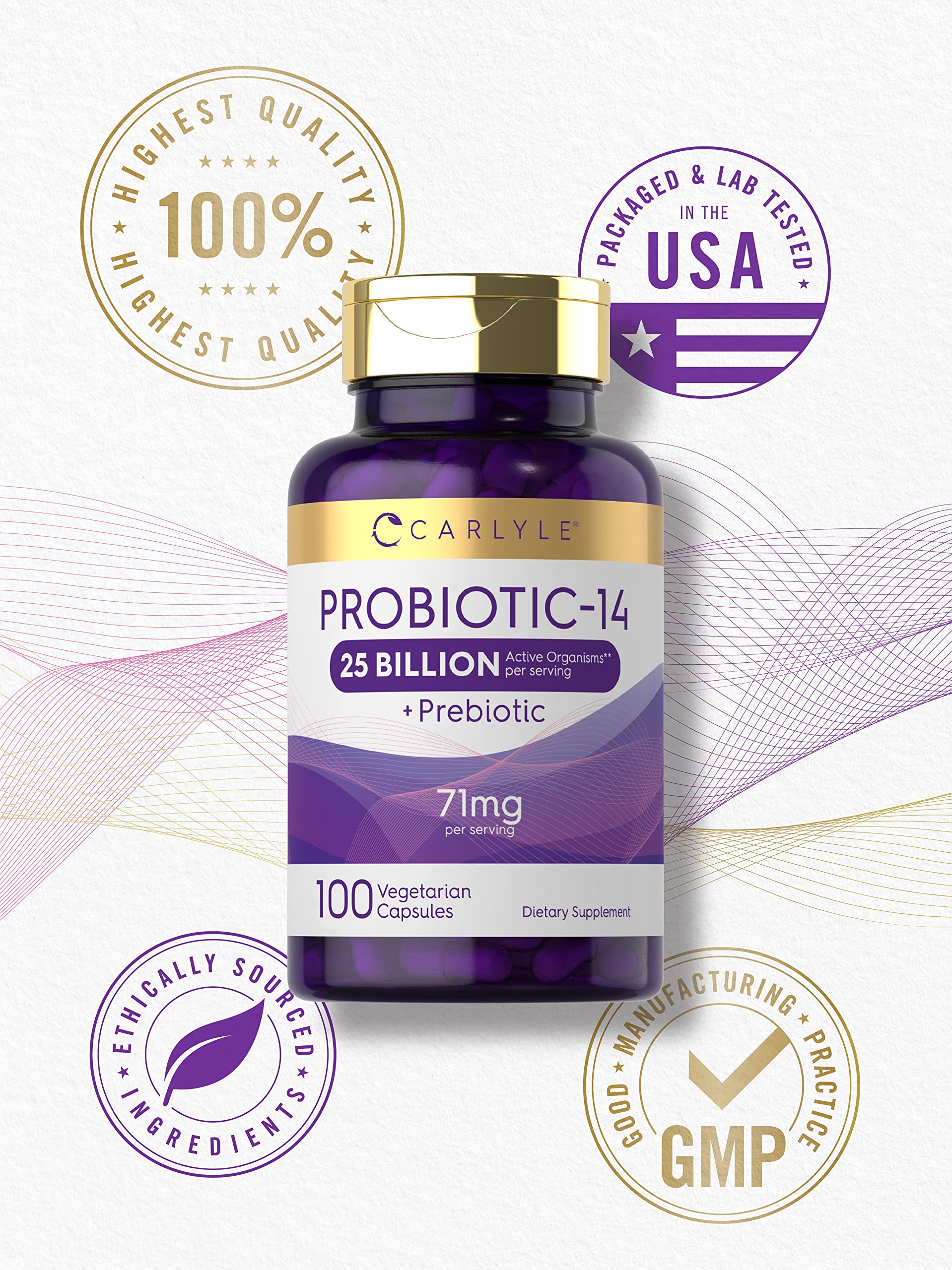 Carlyle Probiotics bottle with gluten-free and non-GMO claim.