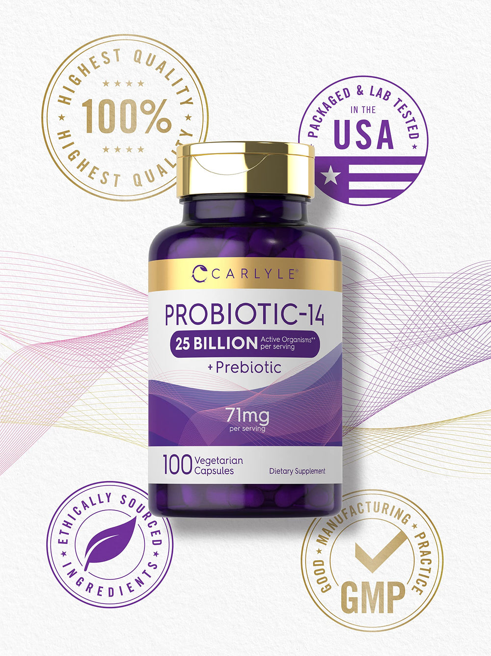 Carlyle Probiotics bottle with gluten-free and non-GMO claim.