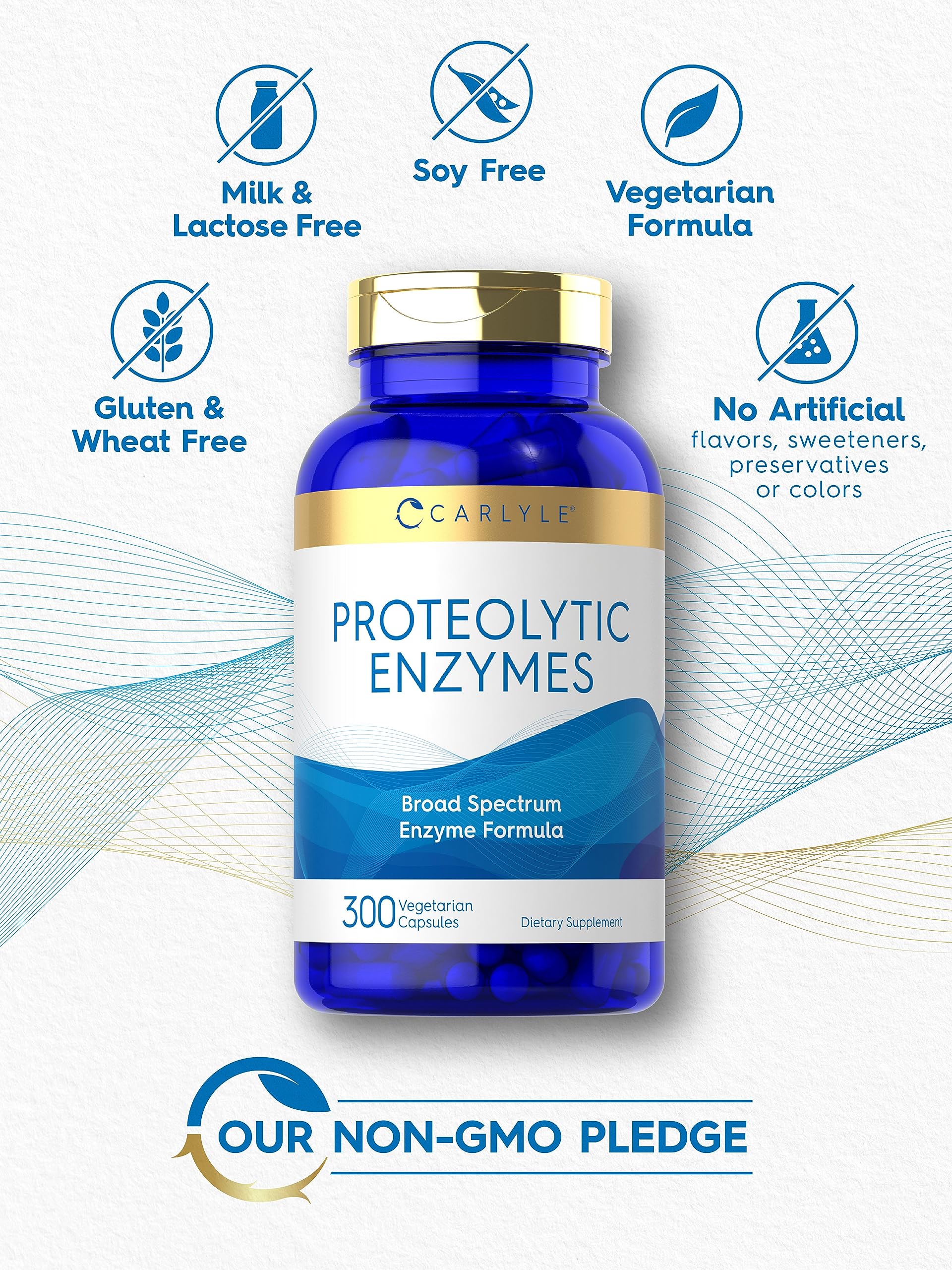 Carlyle Proteolytic Enzymes bottle top, brand seal and quality assurance