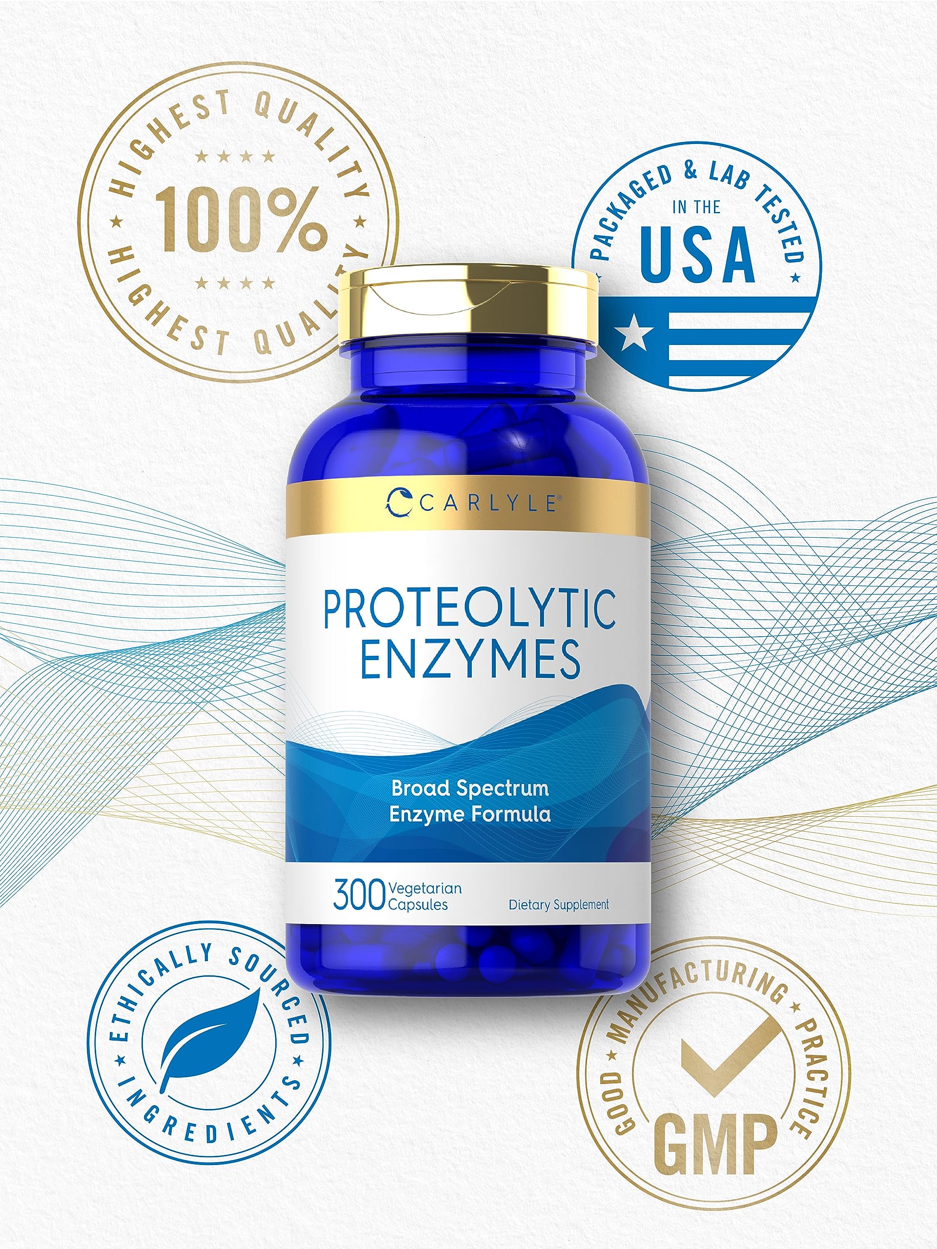 Carlyle Proteolytic Enzymes packaged compact, travel-friendly bottle for on-the-go