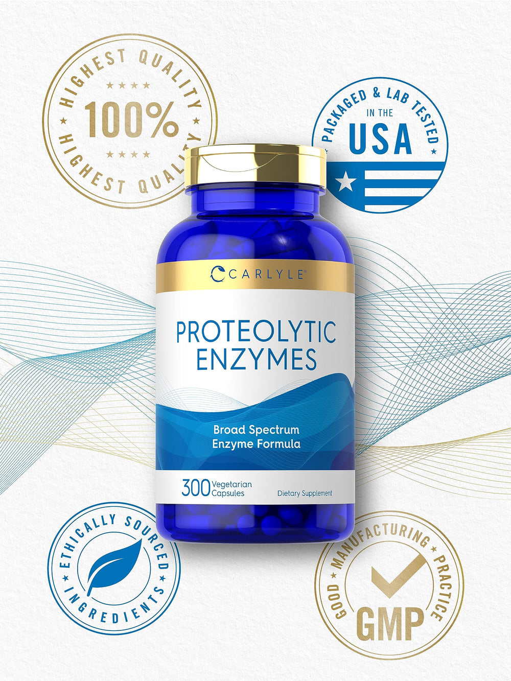 Carlyle Proteolytic Enzymes packaged compact, travel-friendly bottle for on-the-go