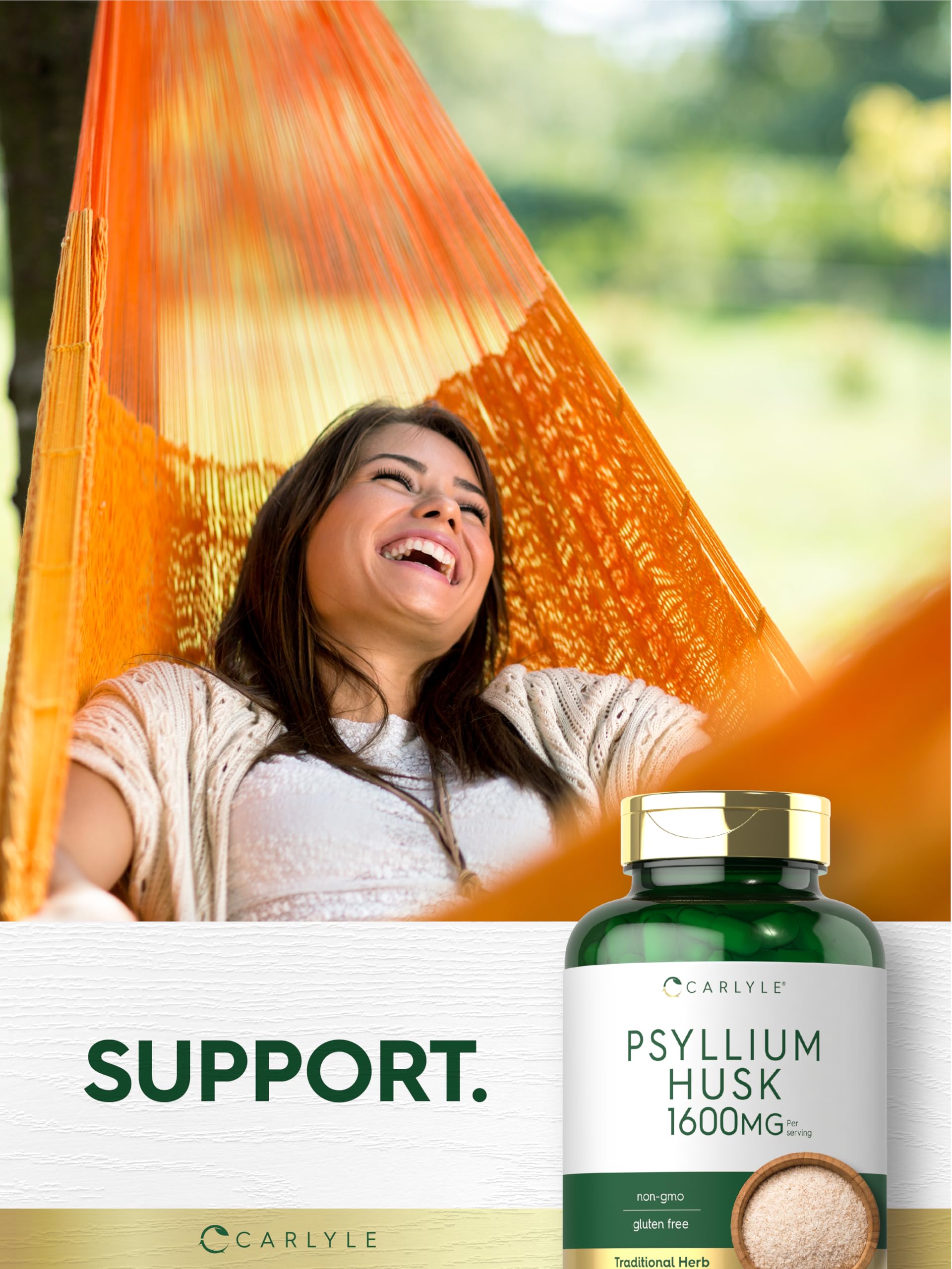 Carlyle Psyllium Husk Capsules nutrition panel emphasizes 1,600 mg per serving.