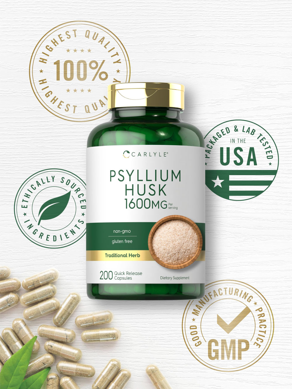 Carlyle Psyllium Husk Capsules gluten-free and non-GMO certification symbol.