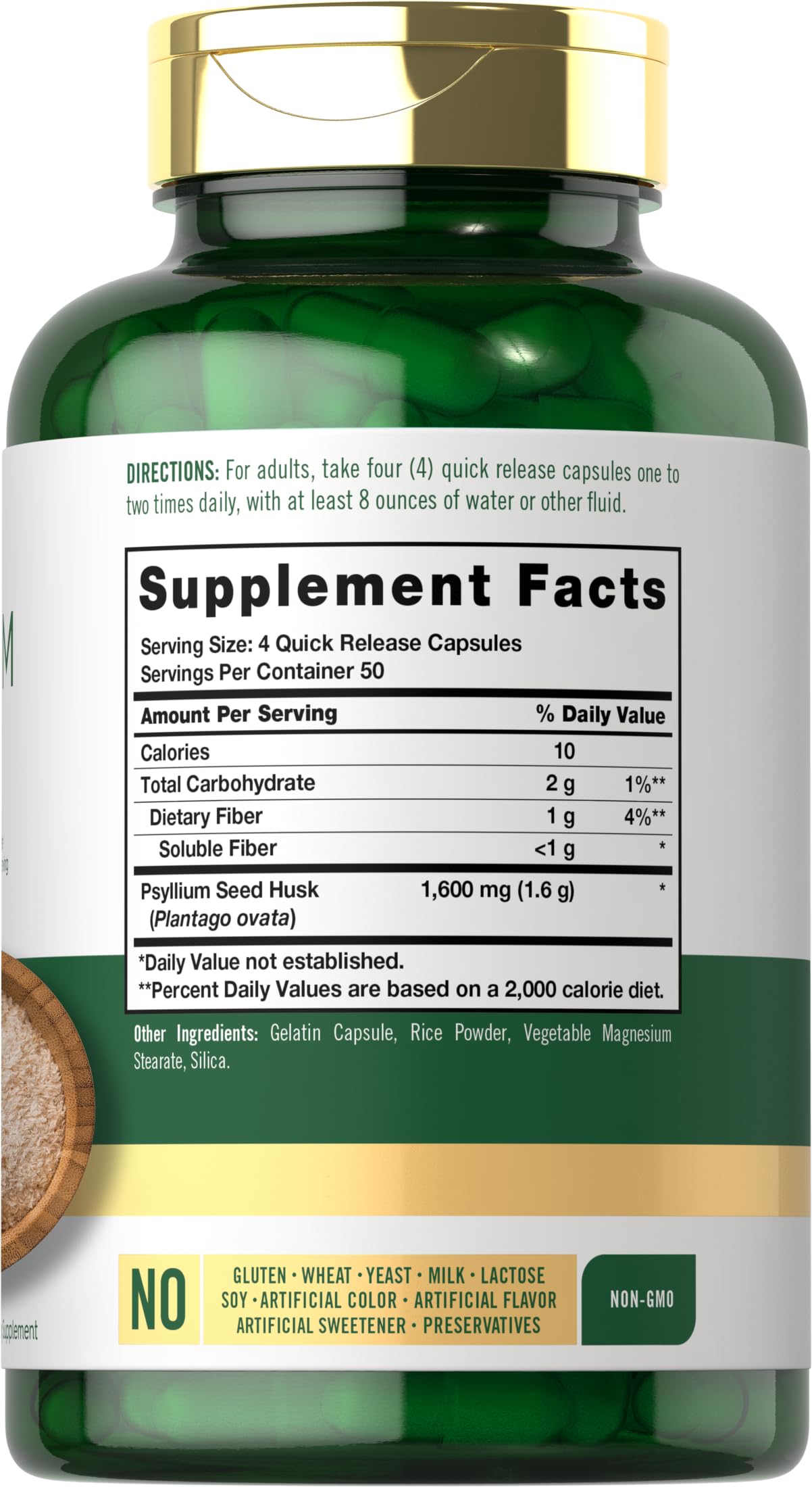 Carlyle Psyllium Husk Capsules back label detailing ingredients and usage.