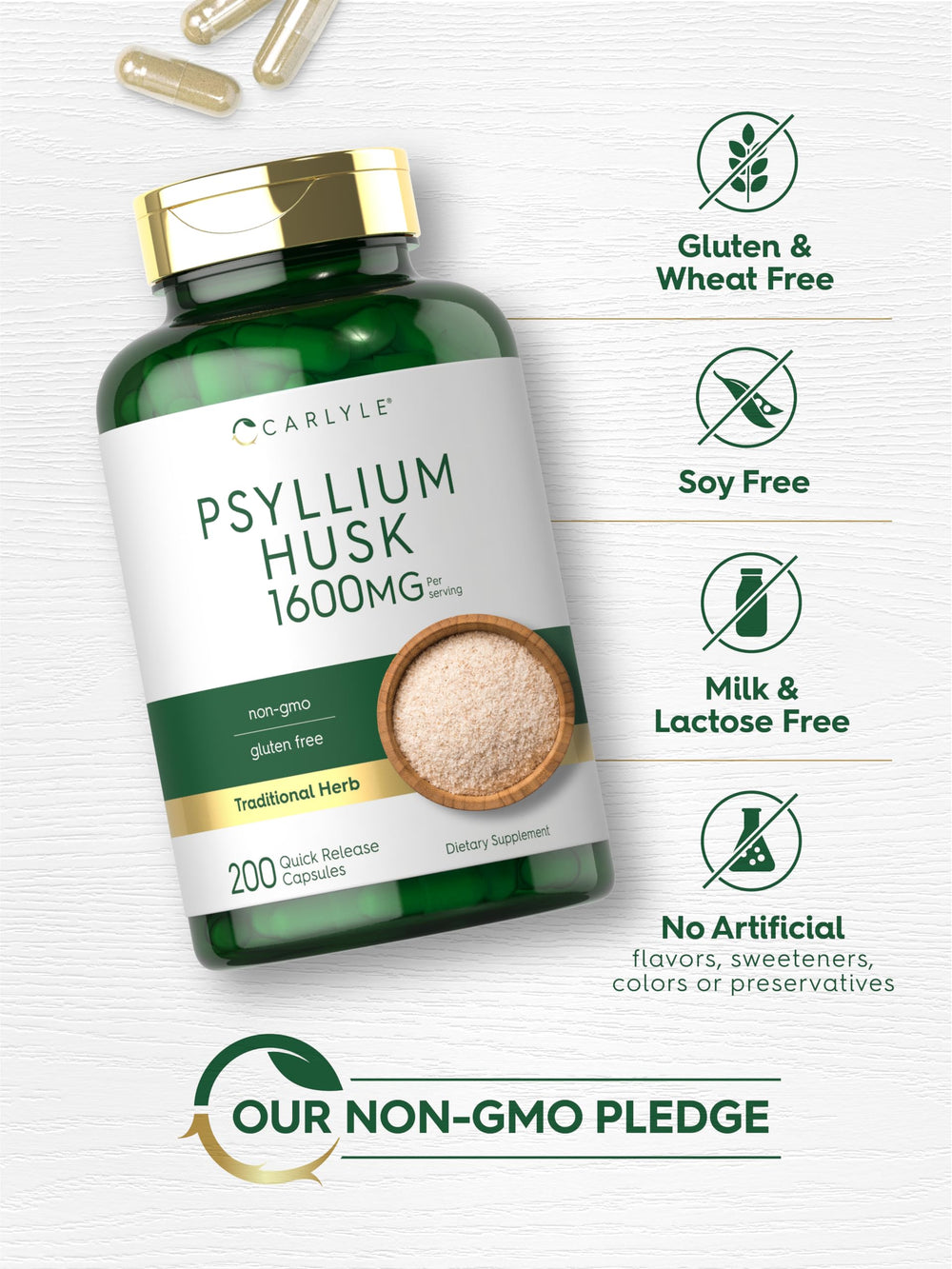 Carlyle Psyllium Husk Capsules packaging highlights Plantago ovata source.