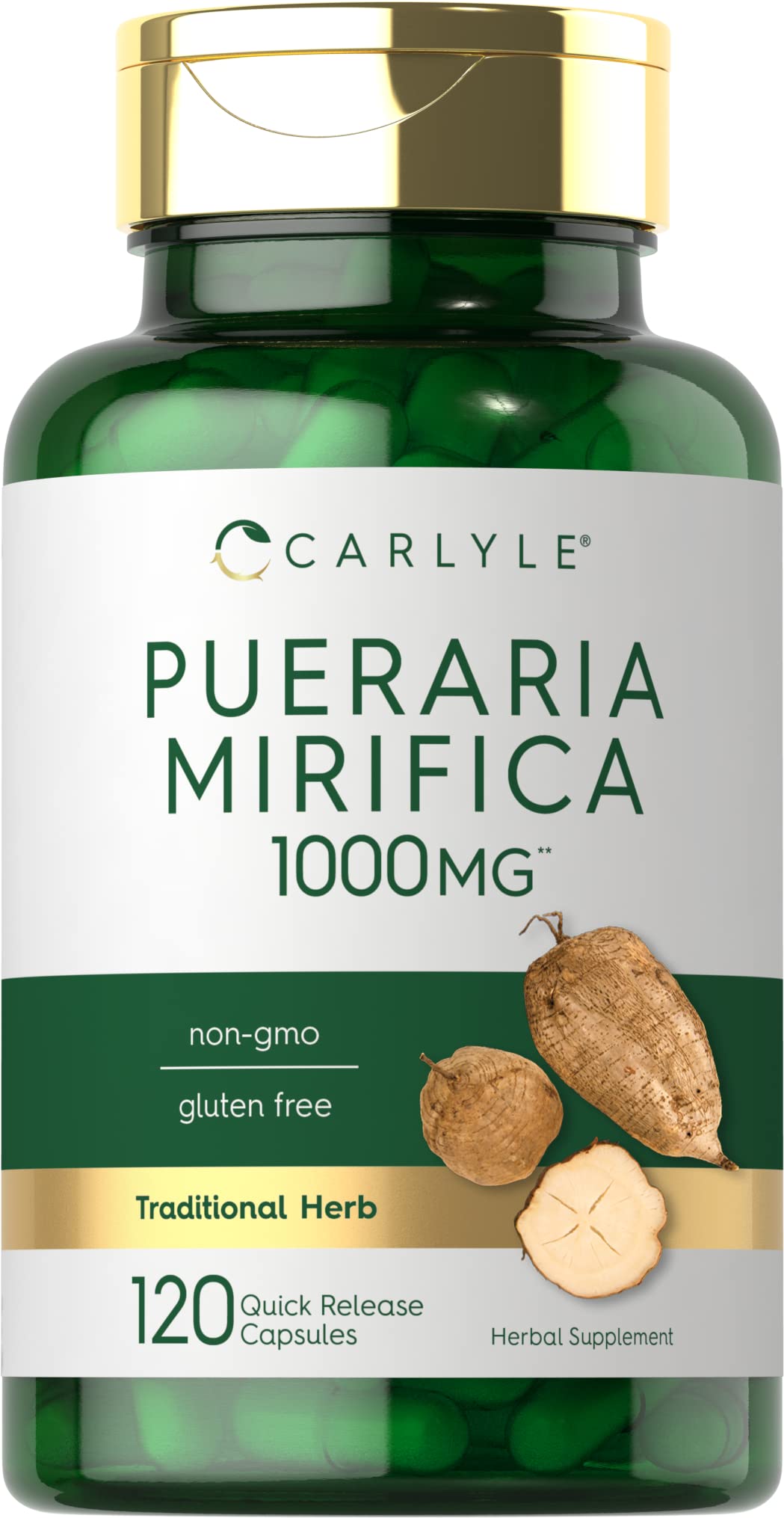 Carlyle Pueraria Mirifica capsules bottle on counter for daily wellness.