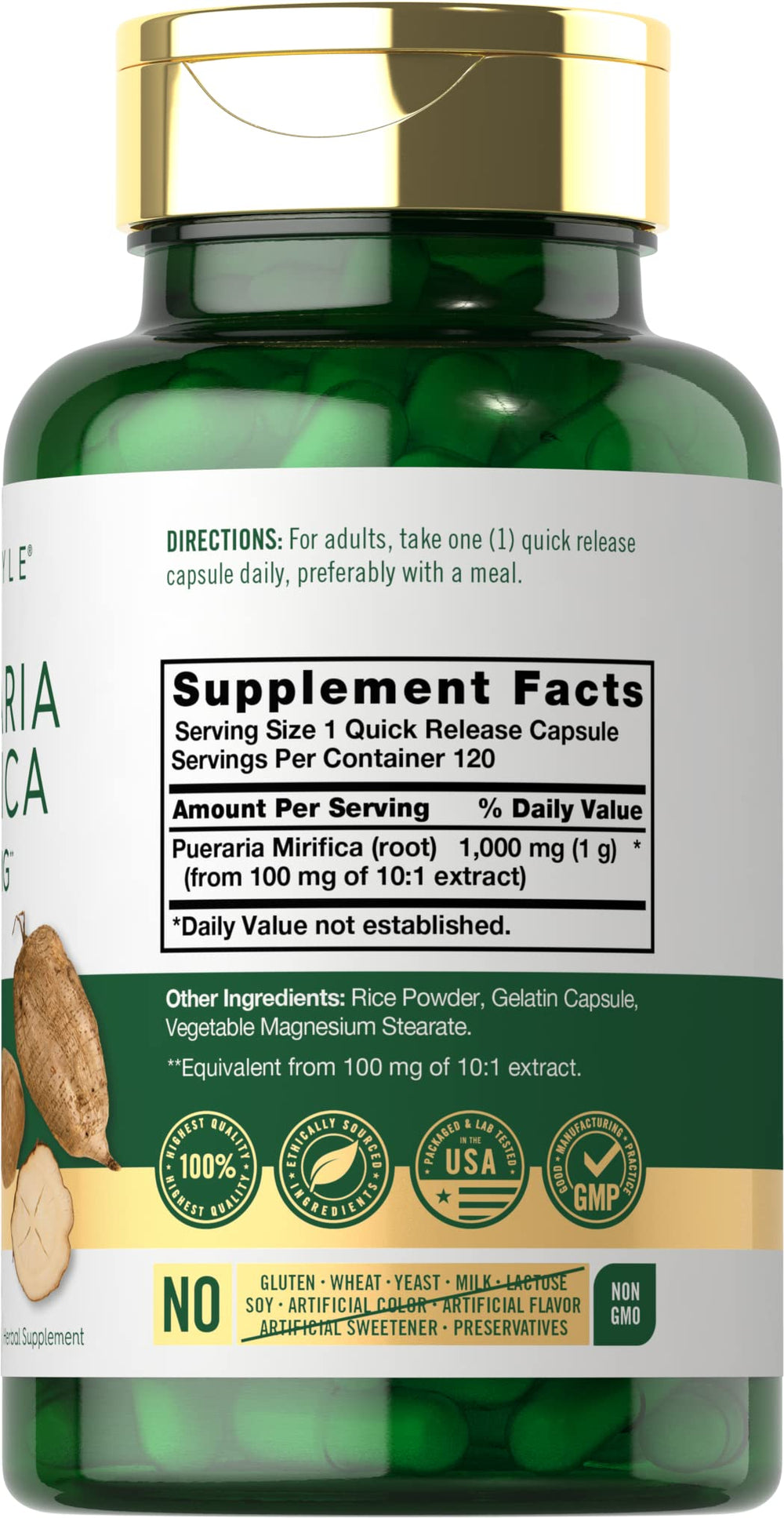 Close-up of Carlyle Pueraria Mirifica capsules showing quick-release formula.