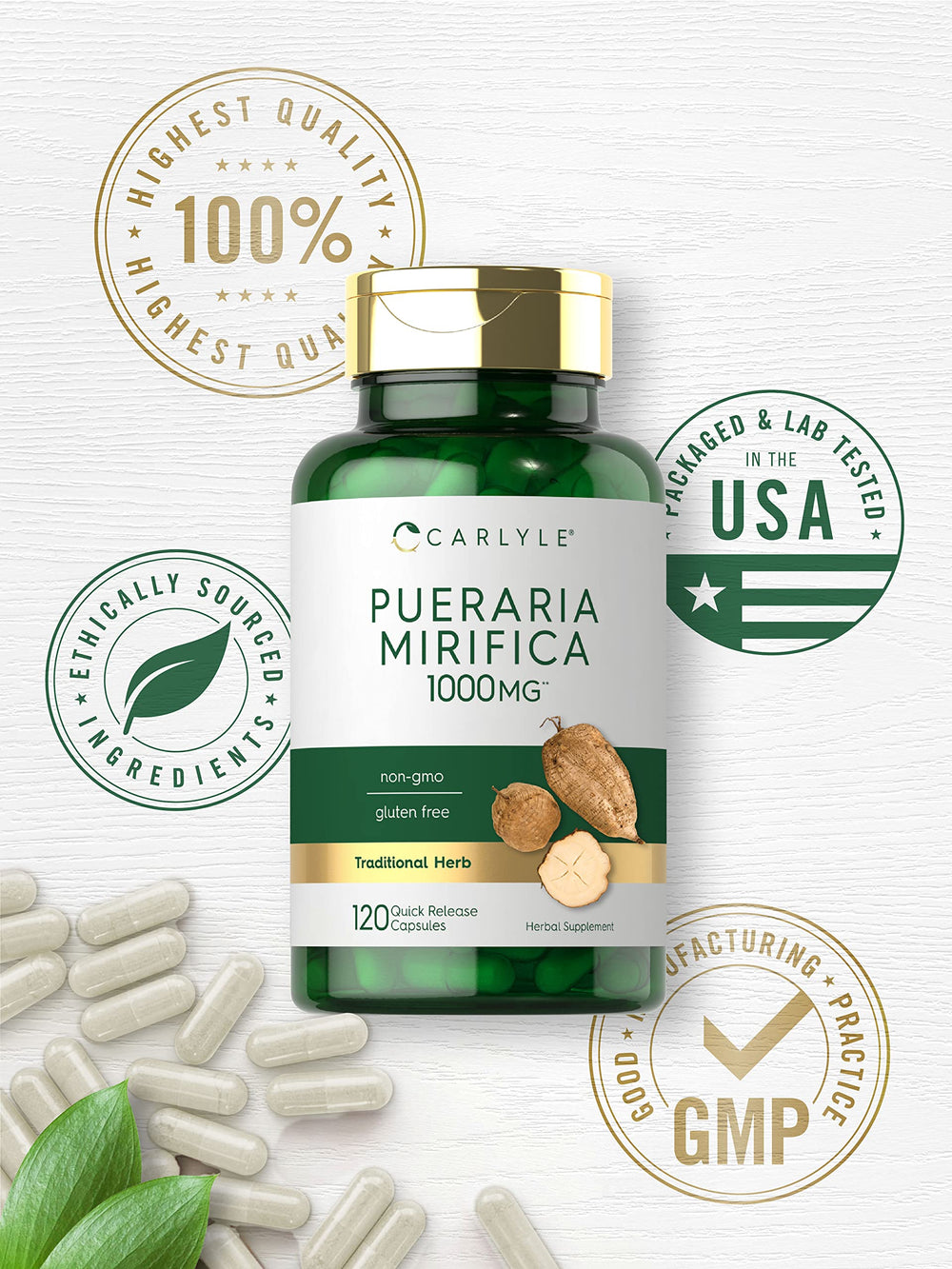 Carlyle Pueraria Mirifica packaging back lists 1000 mg root extract per capsule.