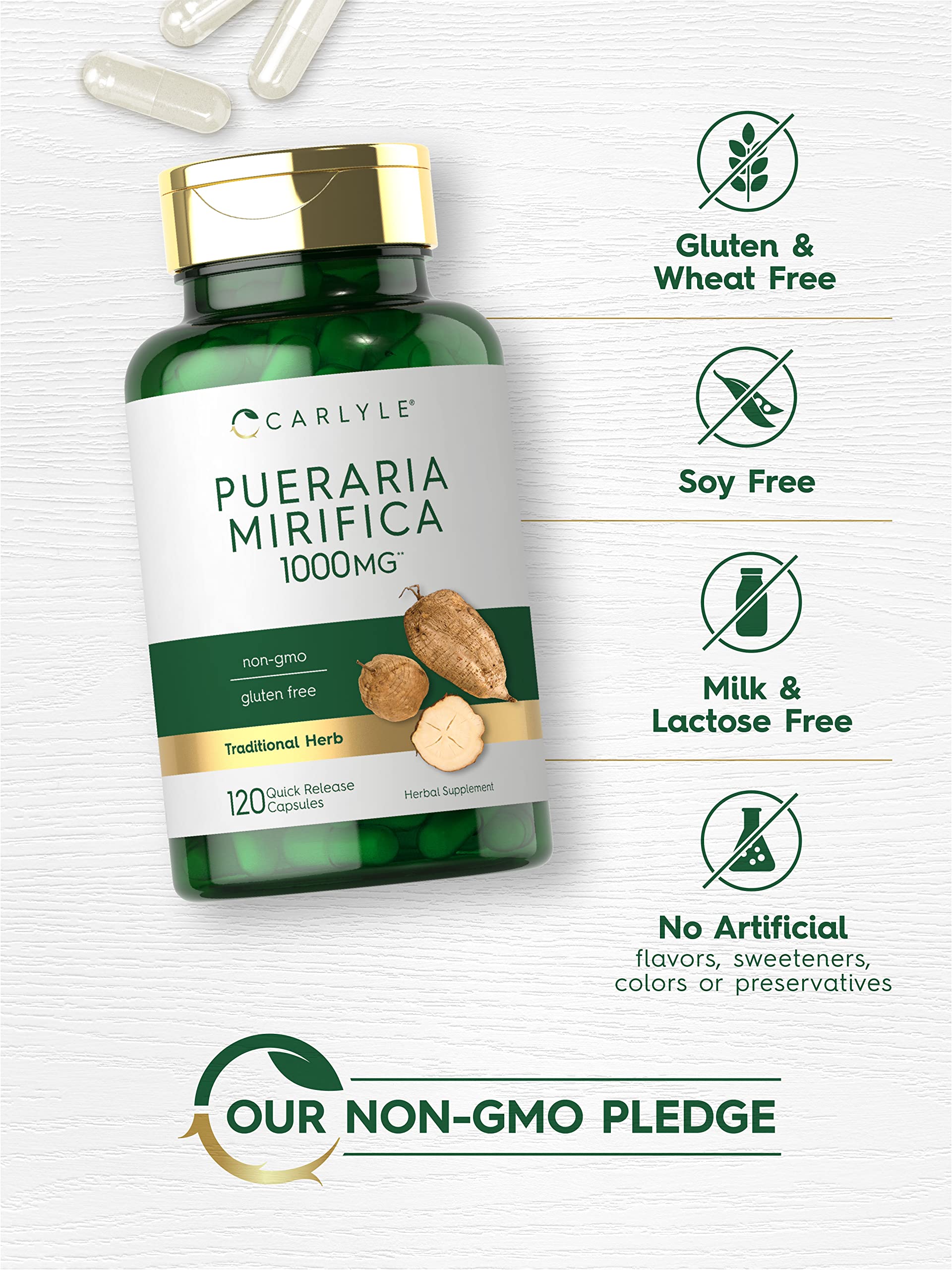 Carlyle Pueraria Mirifica packaging front with gluten-free and non-GMO claims.