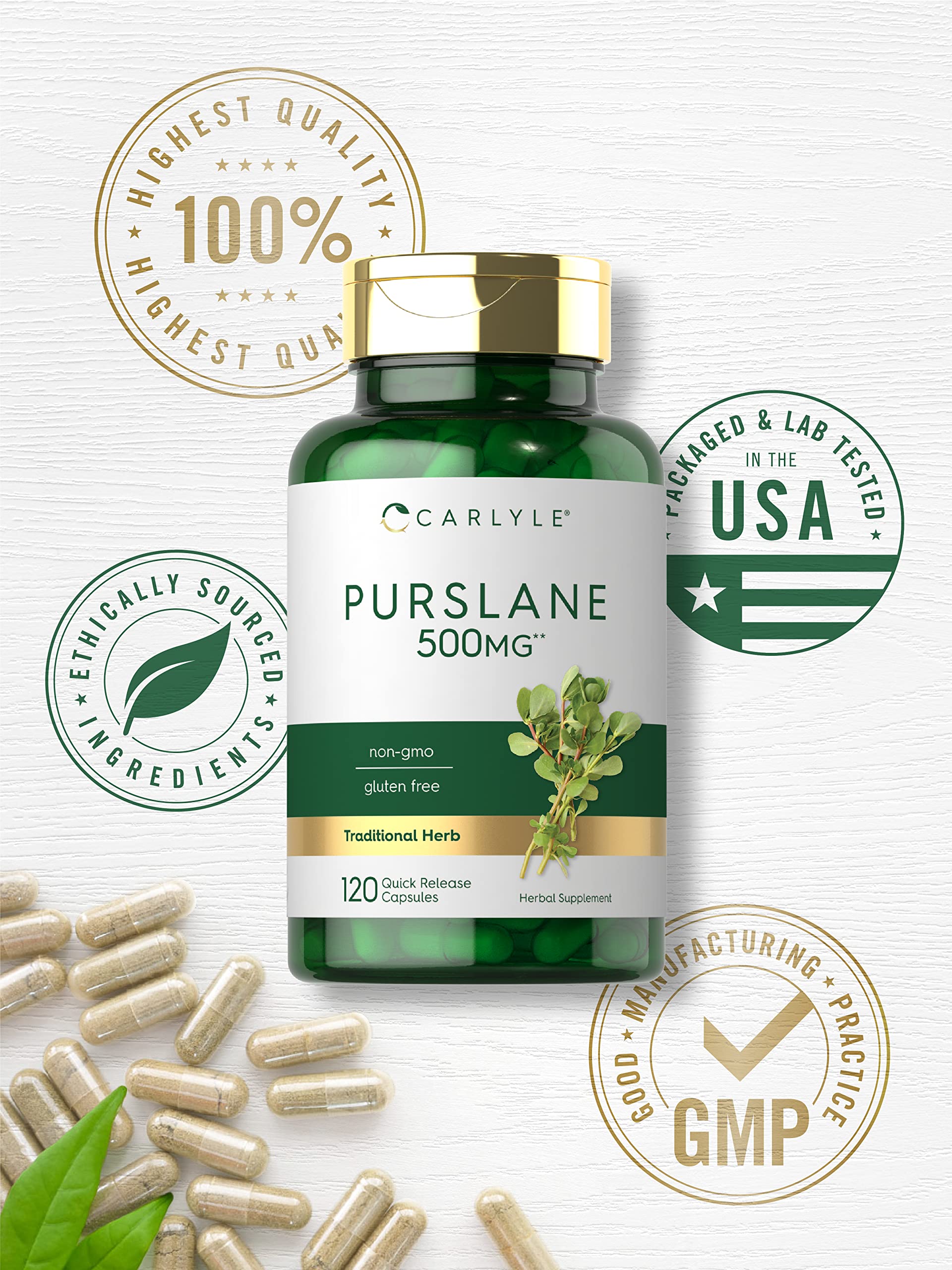 Carlyle Purslane label shows gluten-free and non-GMO claims.