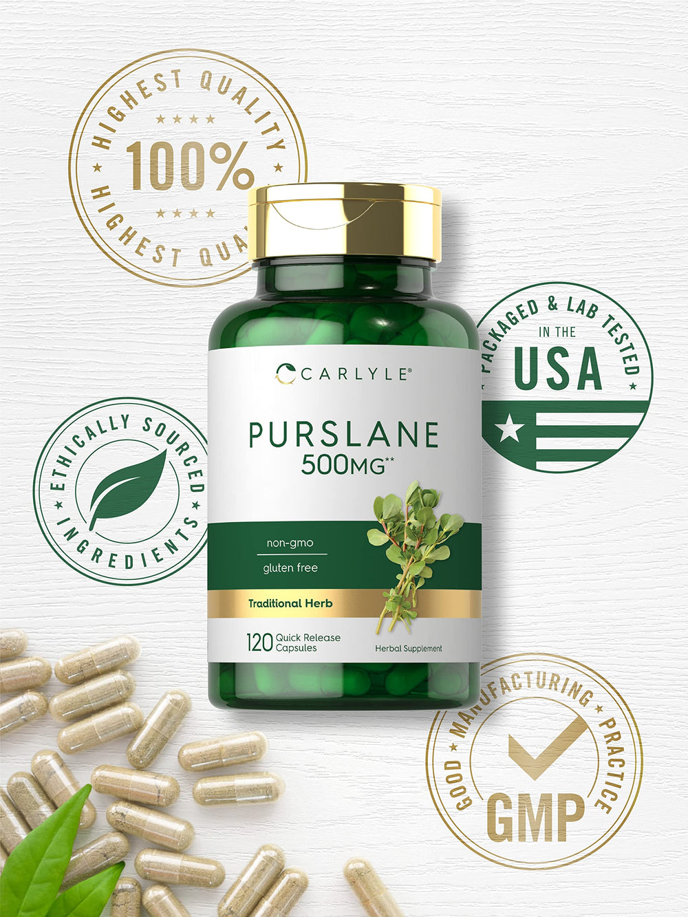 Carlyle Purslane label shows gluten-free and non-GMO claims.