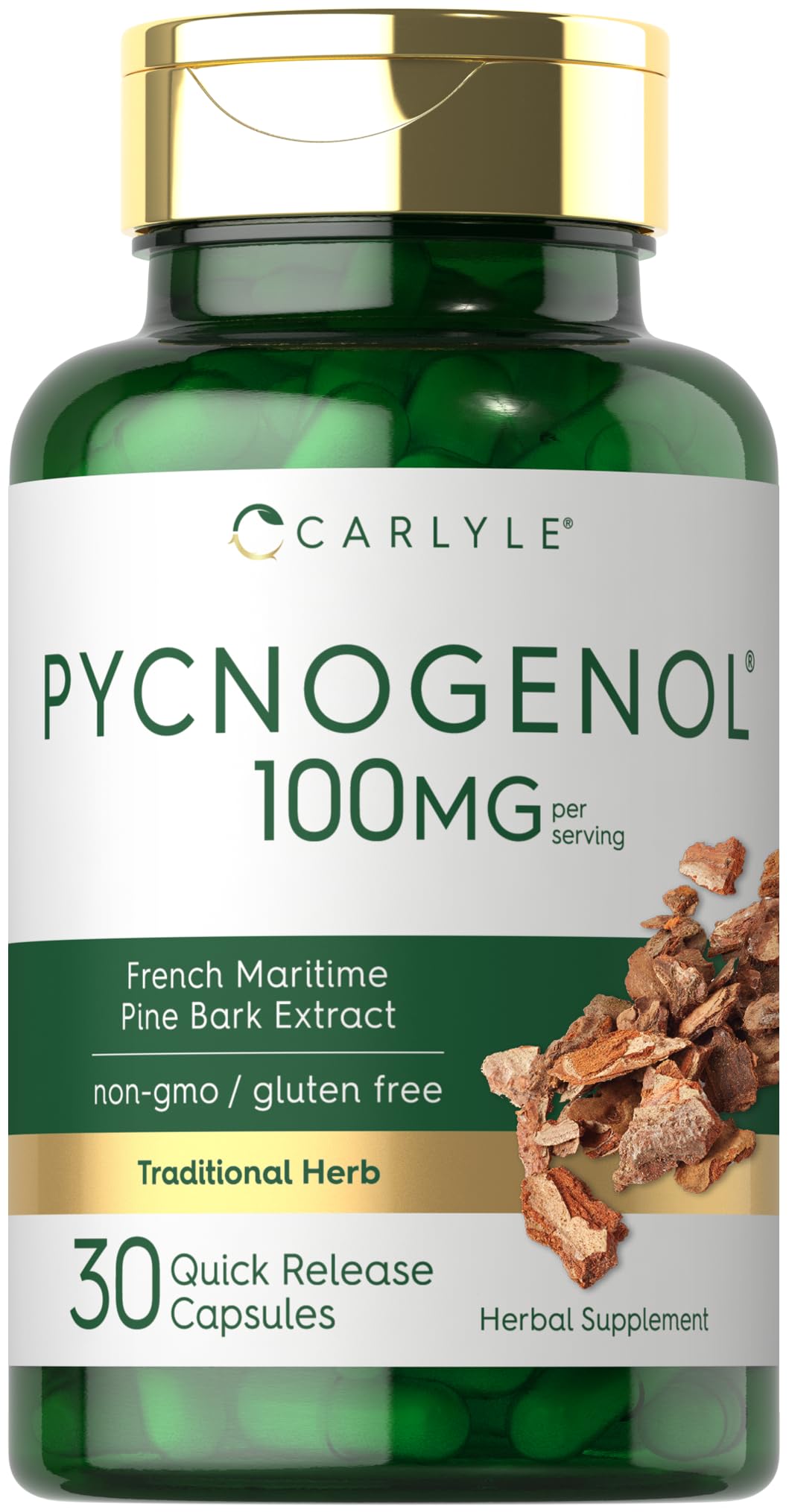 Carlyle Pycnogenol 100mg bottle front showing branding for daily wellness.