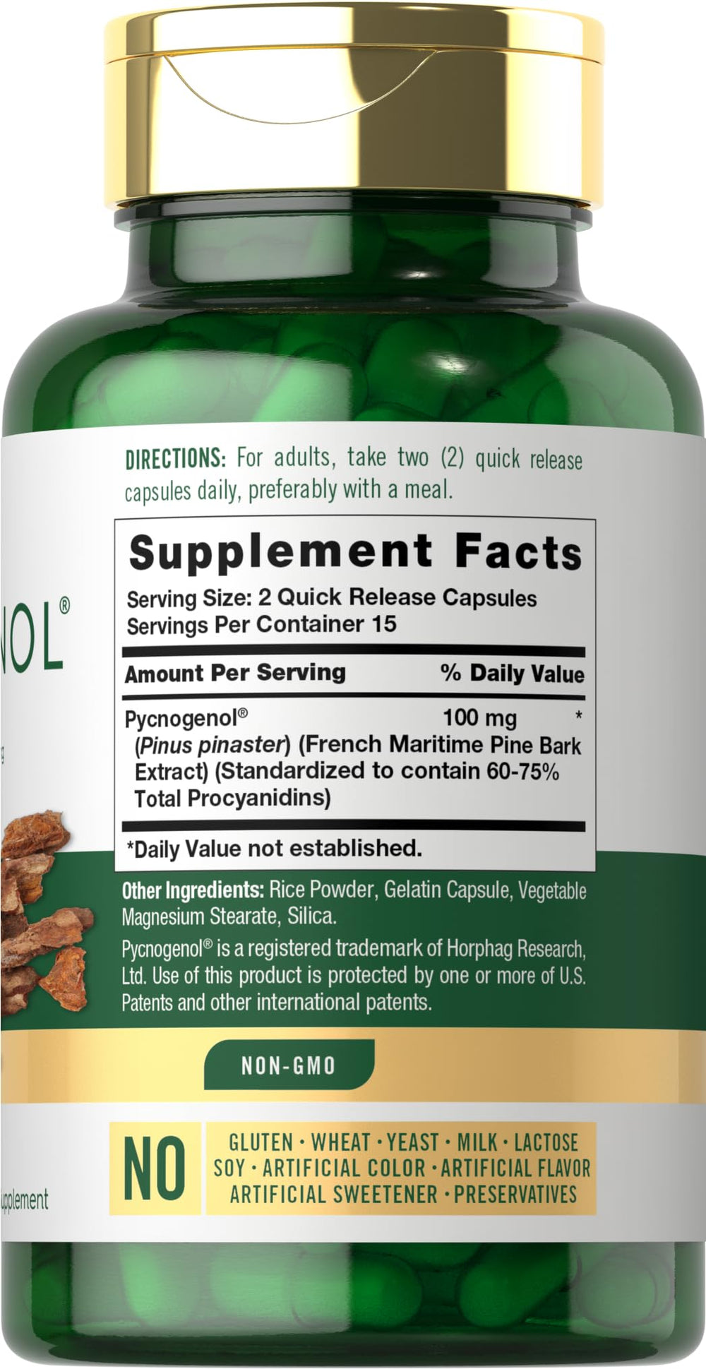 Carlyle Pycnogenol 100mg capsules close-up highlighting quick-release design.