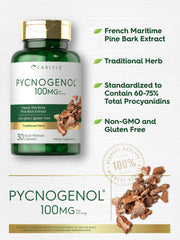 Carlyle Pycnogenol 100mg carton packaging displays non-GMO and gluten-free claim.
