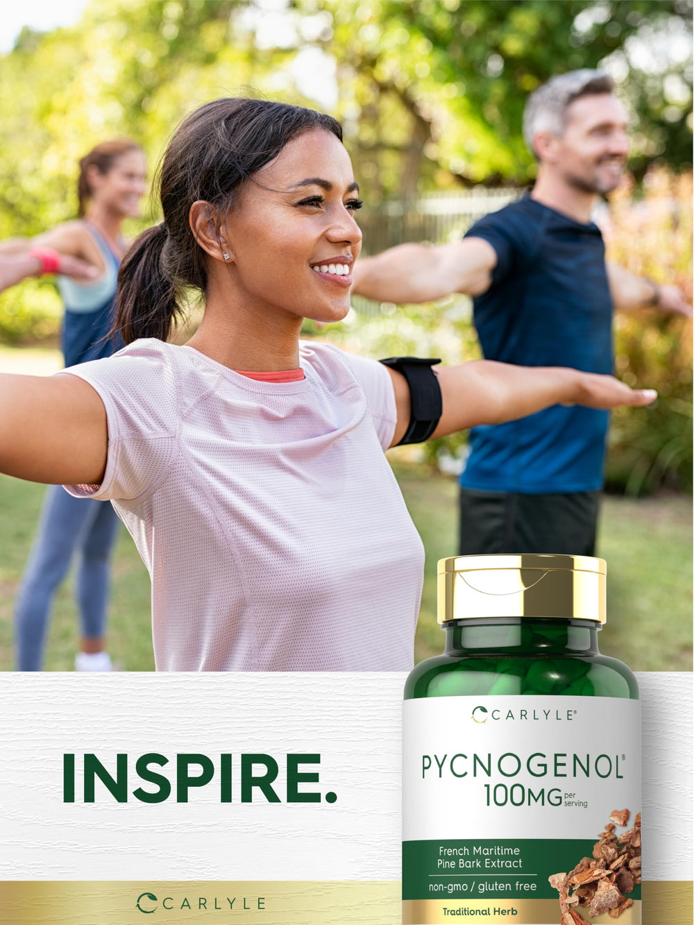 Carlyle Pycnogenol 100mg gluten-free icon on packaging appeals to sensitive-diet shoppers.