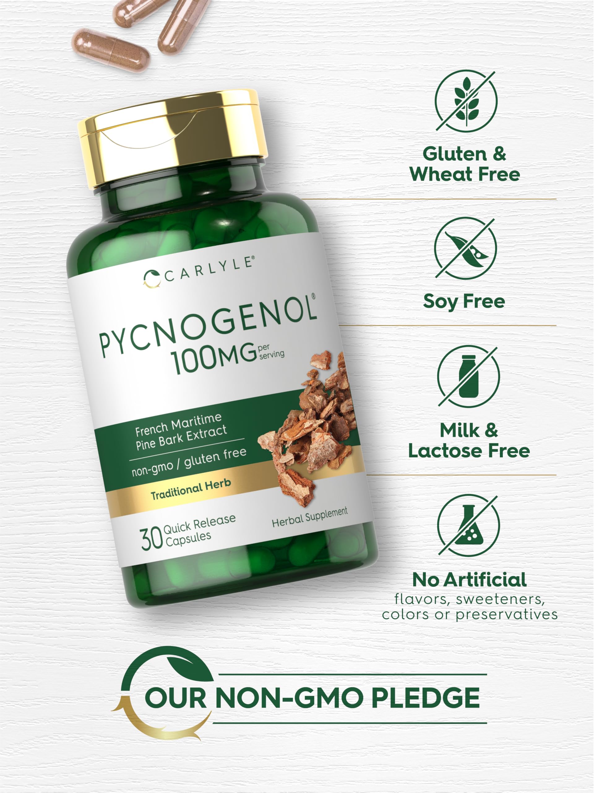 Carlyle Pycnogenol 100mg non-GMO seal communicates product integrity.