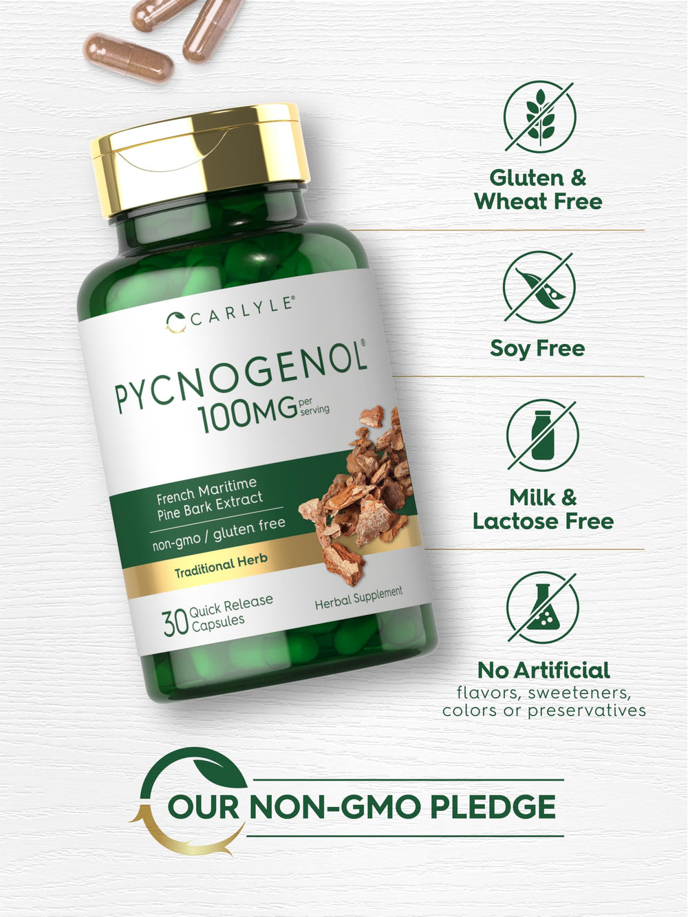 Carlyle Pycnogenol 100mg non-GMO seal communicates product integrity.