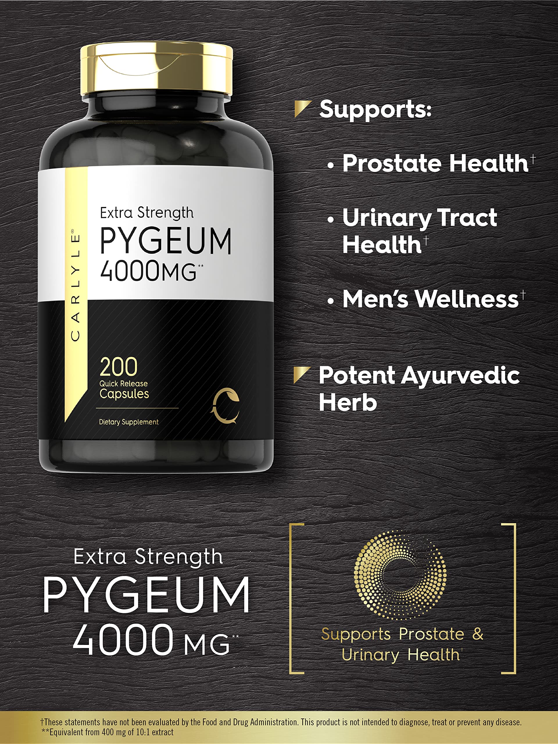 Carlyle Pygeum Africanum Bark bottle packaging showing gluten-free and non-GMO features