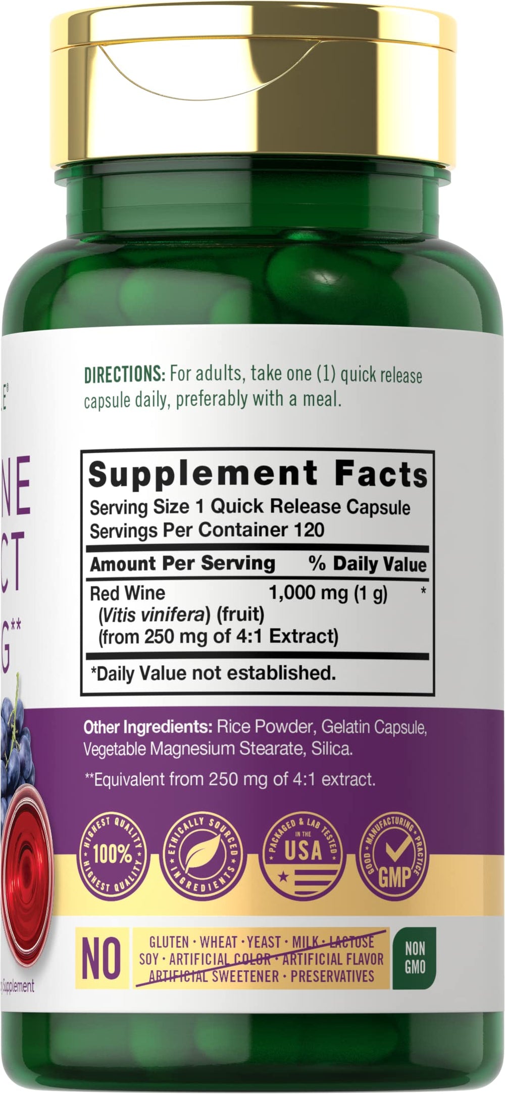 Carlyle Red Wine Extract label highlighting gluten-free, non-GMO formula.