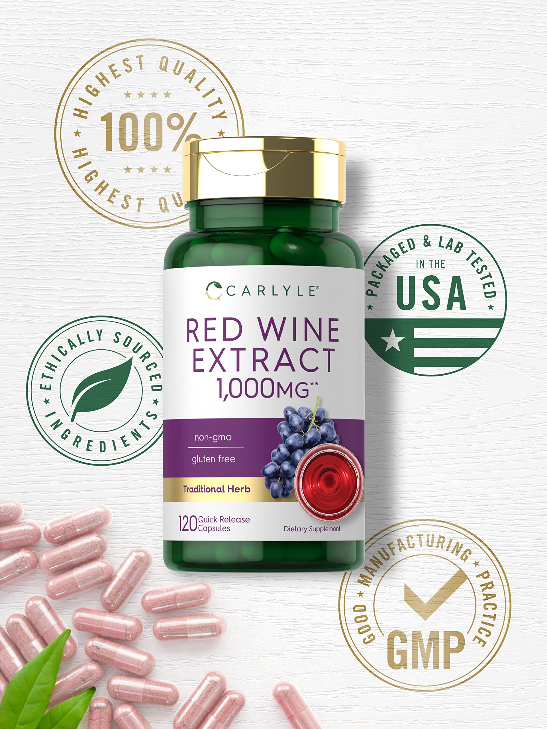 Pouring Carlyle Red Wine Extract capsules into a hand for easy dosing.