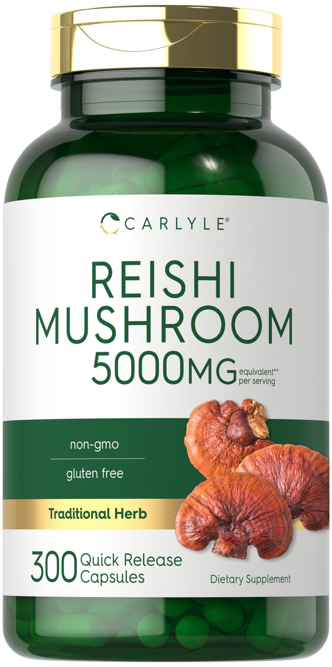 Carlyle Reishi bottle-front displays premium packaging for daily wellness.