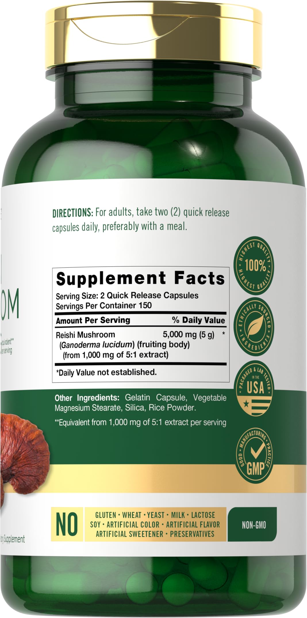 Carlyle Reishi bottle-label highlights non-GMO and gluten-free formulation.