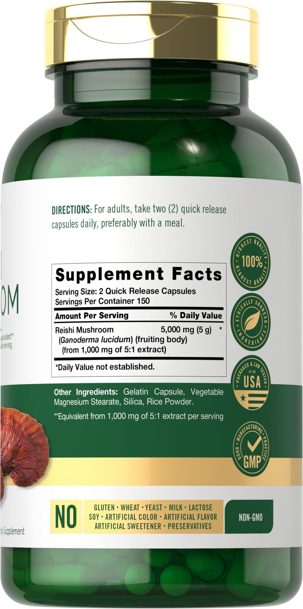 Carlyle Reishi bottle-label highlights non-GMO and gluten-free formulation.